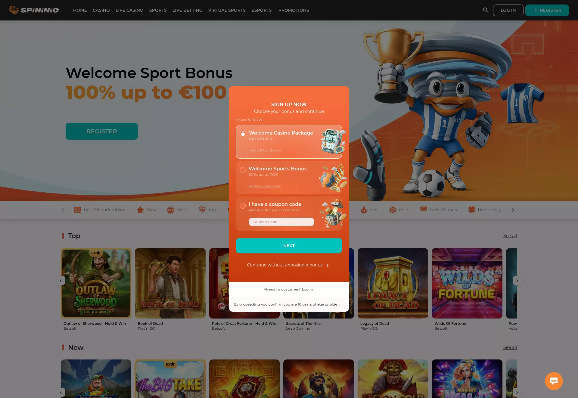 Desktop screen. Spininio Up to €1000