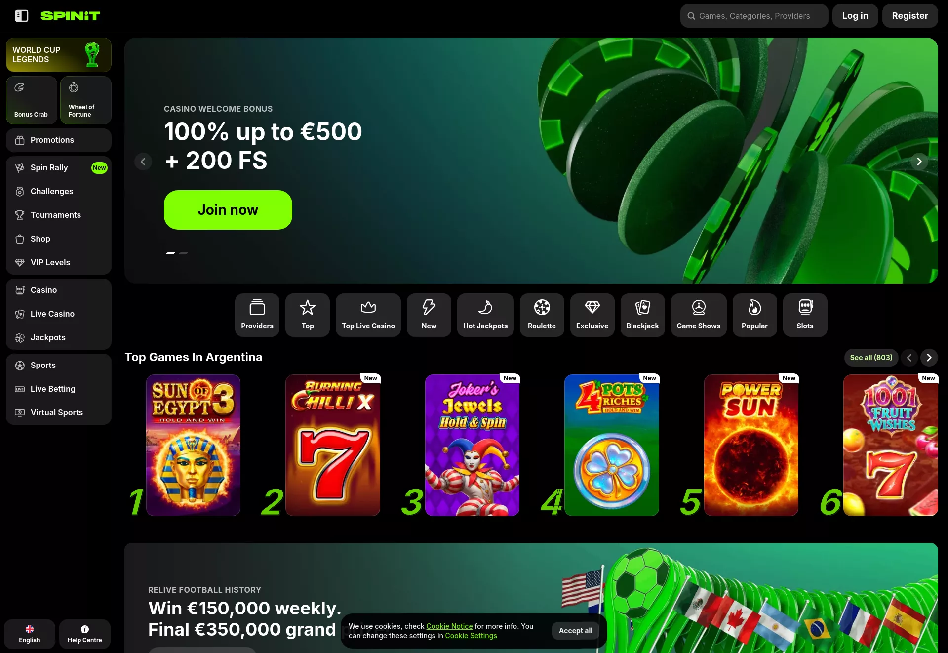 Desktop screen. Spinit Casino 100% up to $500 + 200 FS + 1 Bonus Crab