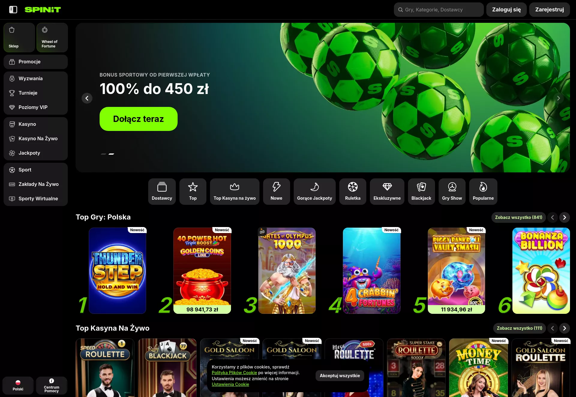 Desktop screen. Spinit Casino 100% up to zł2250 + 200 FS