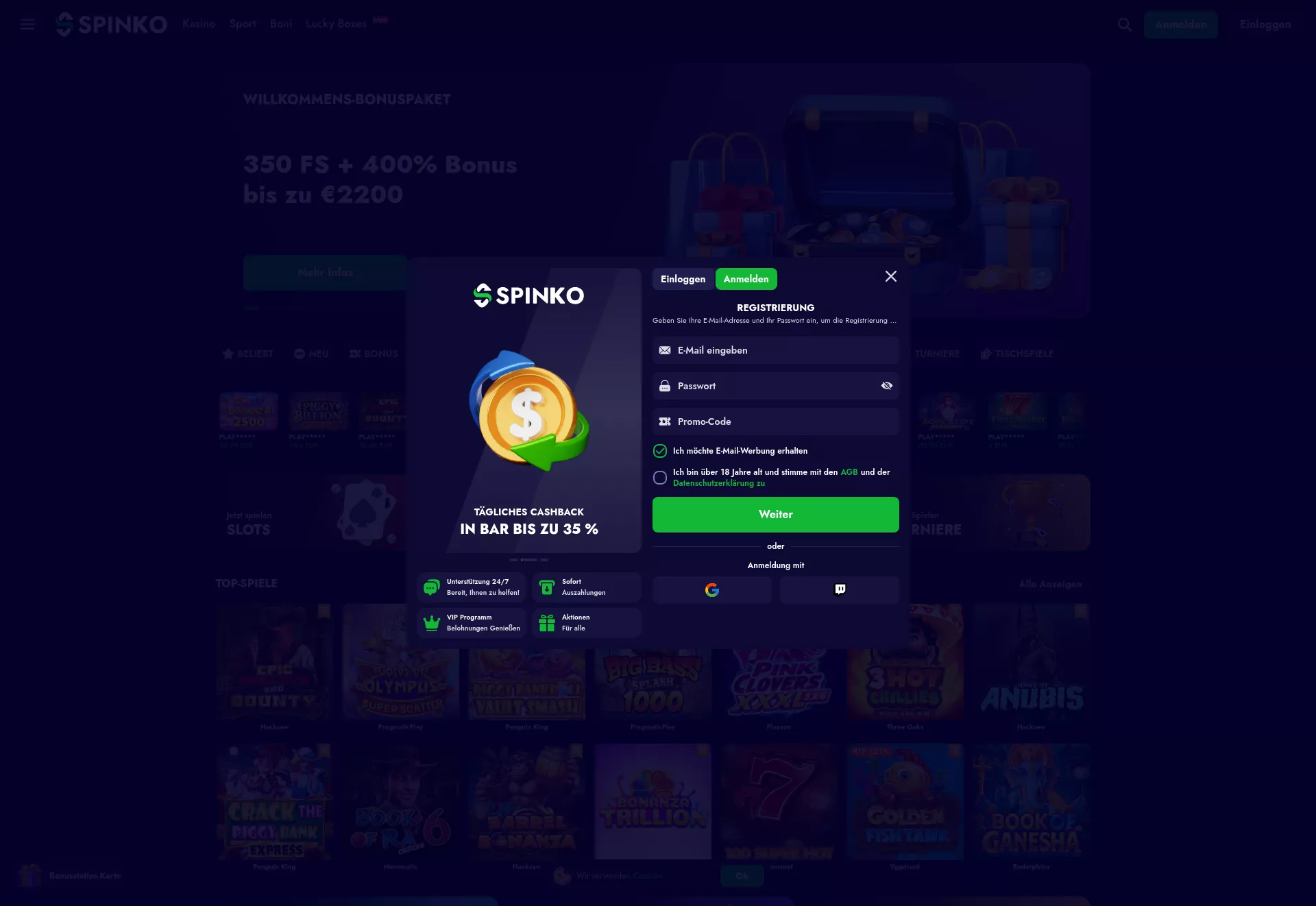 Desktop screen. Spinko Up to €2200 + 350 FS