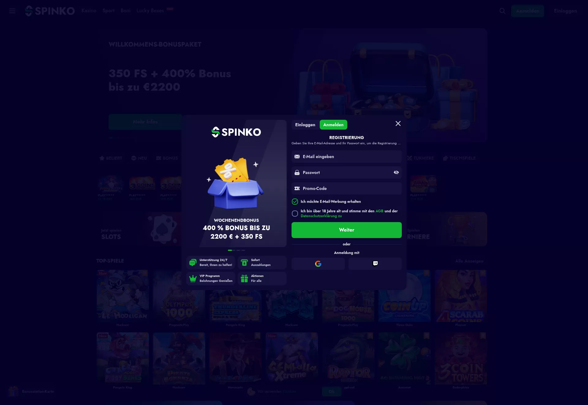 Desktop screen. Spinko Up to €2200 + 350 FS