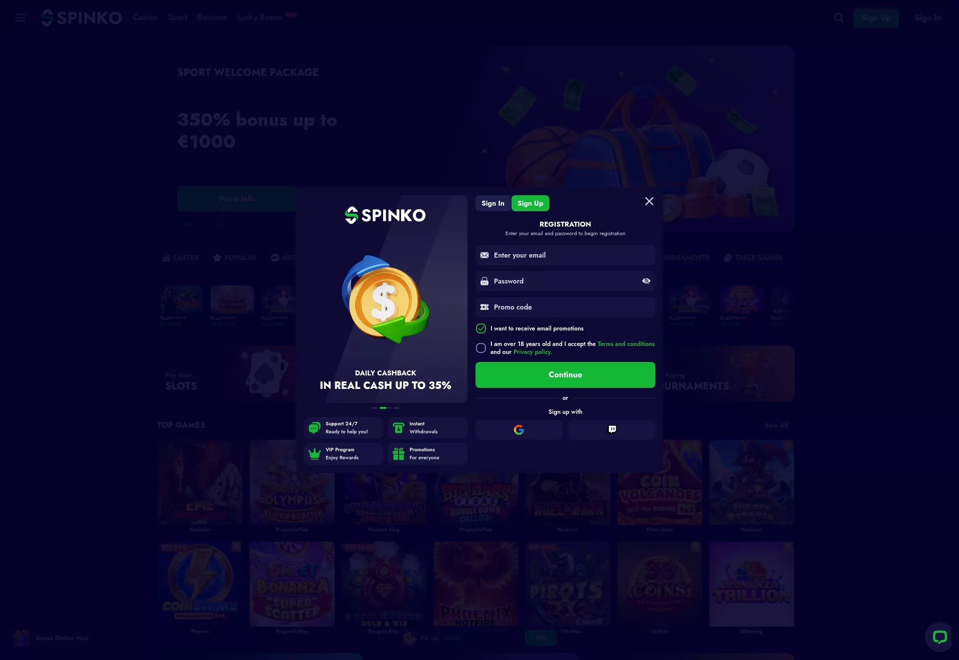 Desktop screen. Spinko Up to €2200 + 350 FS