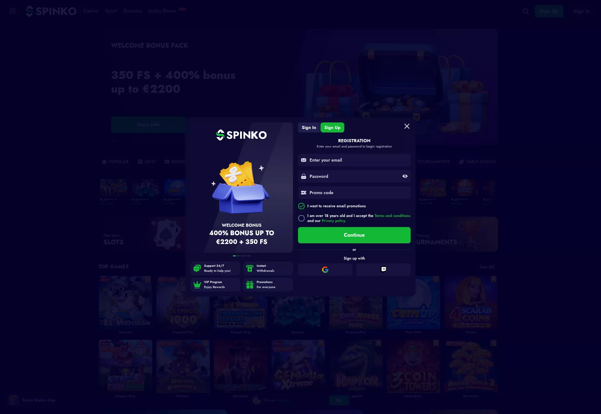 Desktop screen. Spinko Up to €2200 + 350 FS