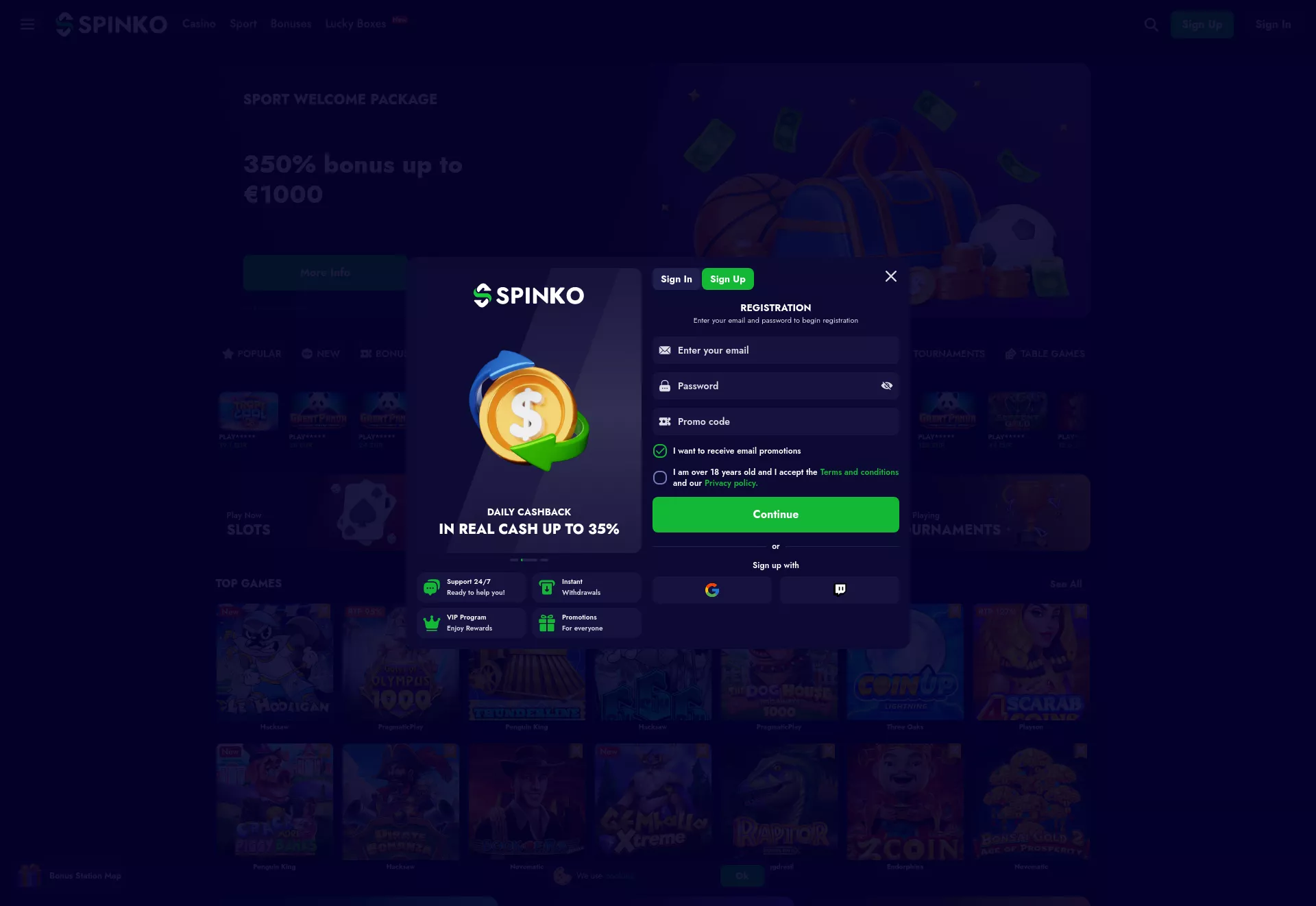Desktop screen. Spinko Up to €2200 + 350 FS