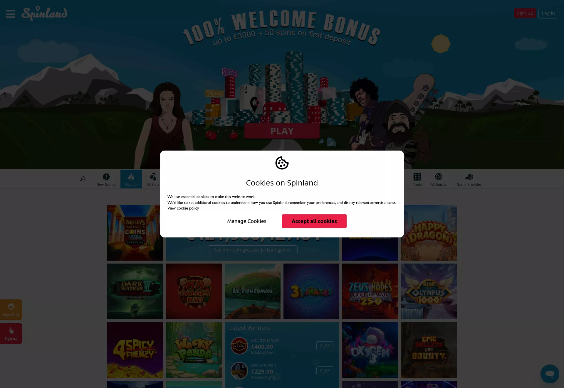 Desktop screen. Spinland Up to $3500 + 125 FS