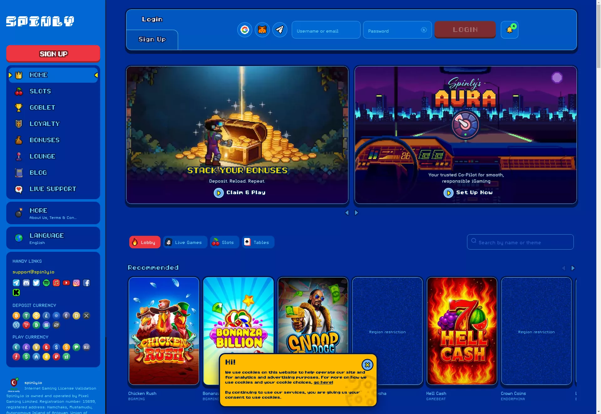 Desktop screen. Spinly Casino 100% up to ₿3.5