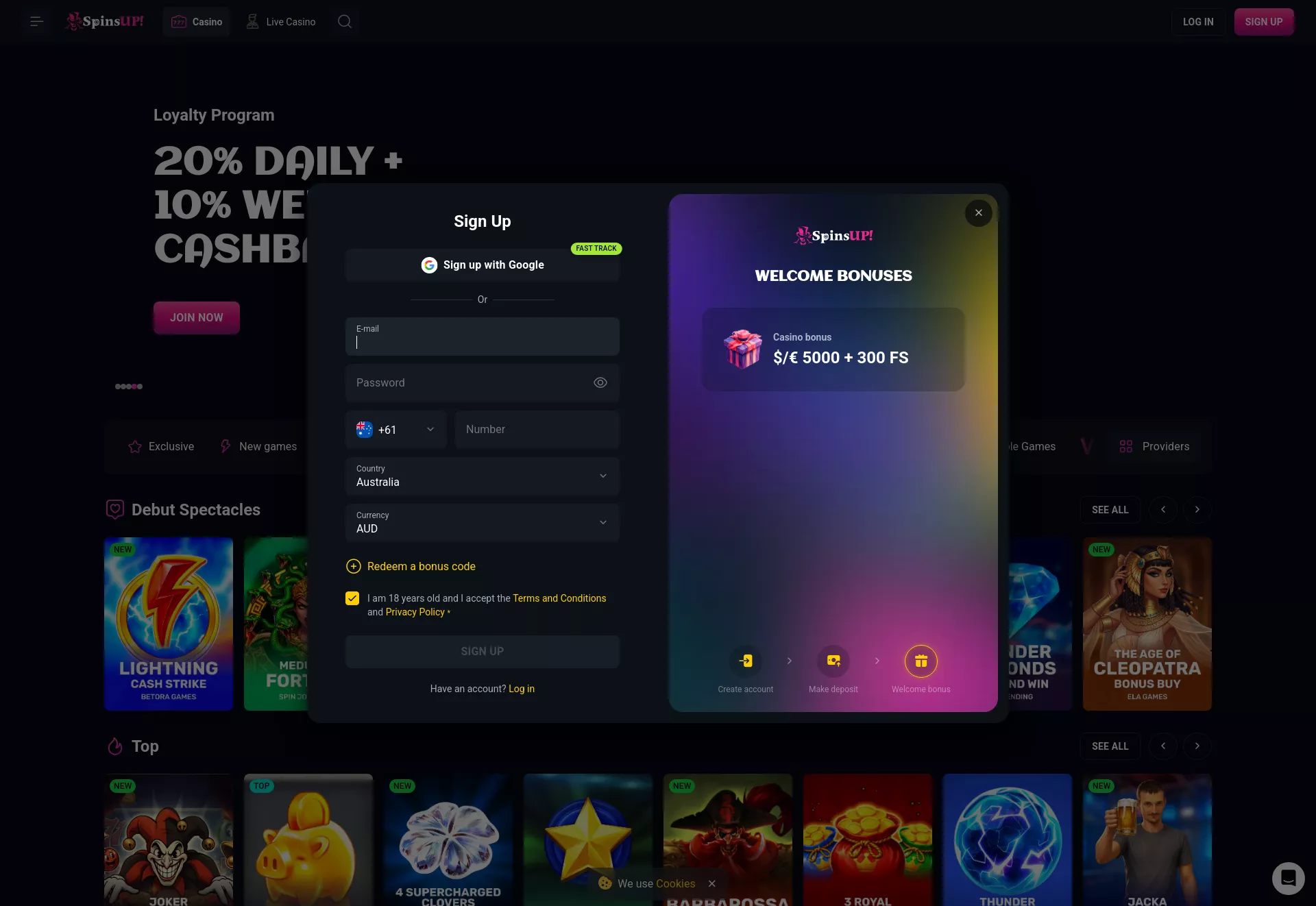 Desktop screen. SpinsUp Up to A$5000 + 300 FS