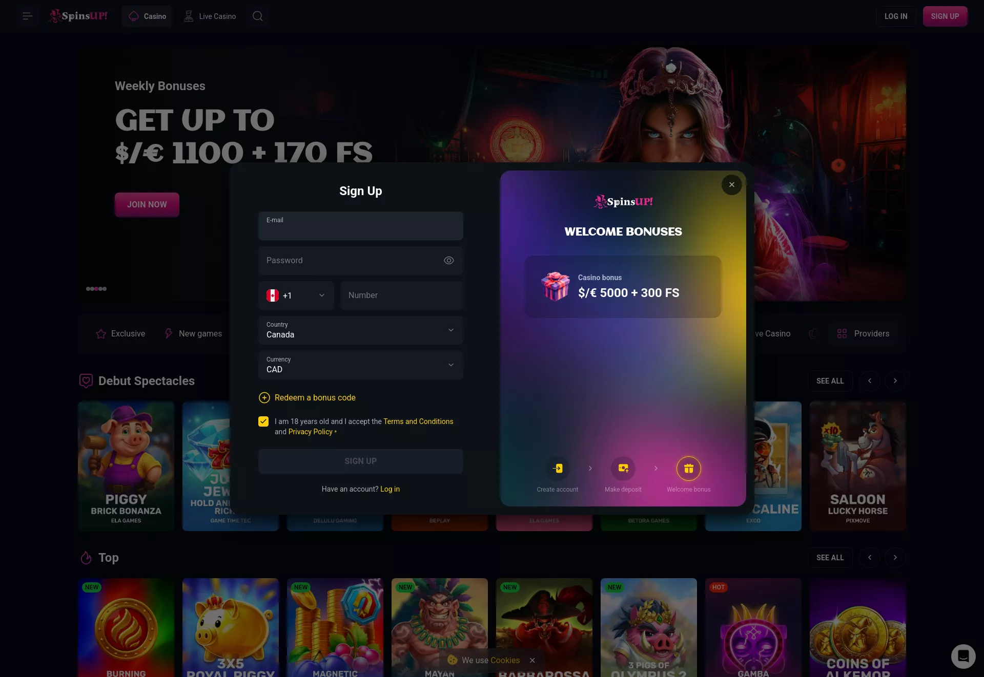 Desktop screen. SpinsUp Up to C$5000 + 300 FS