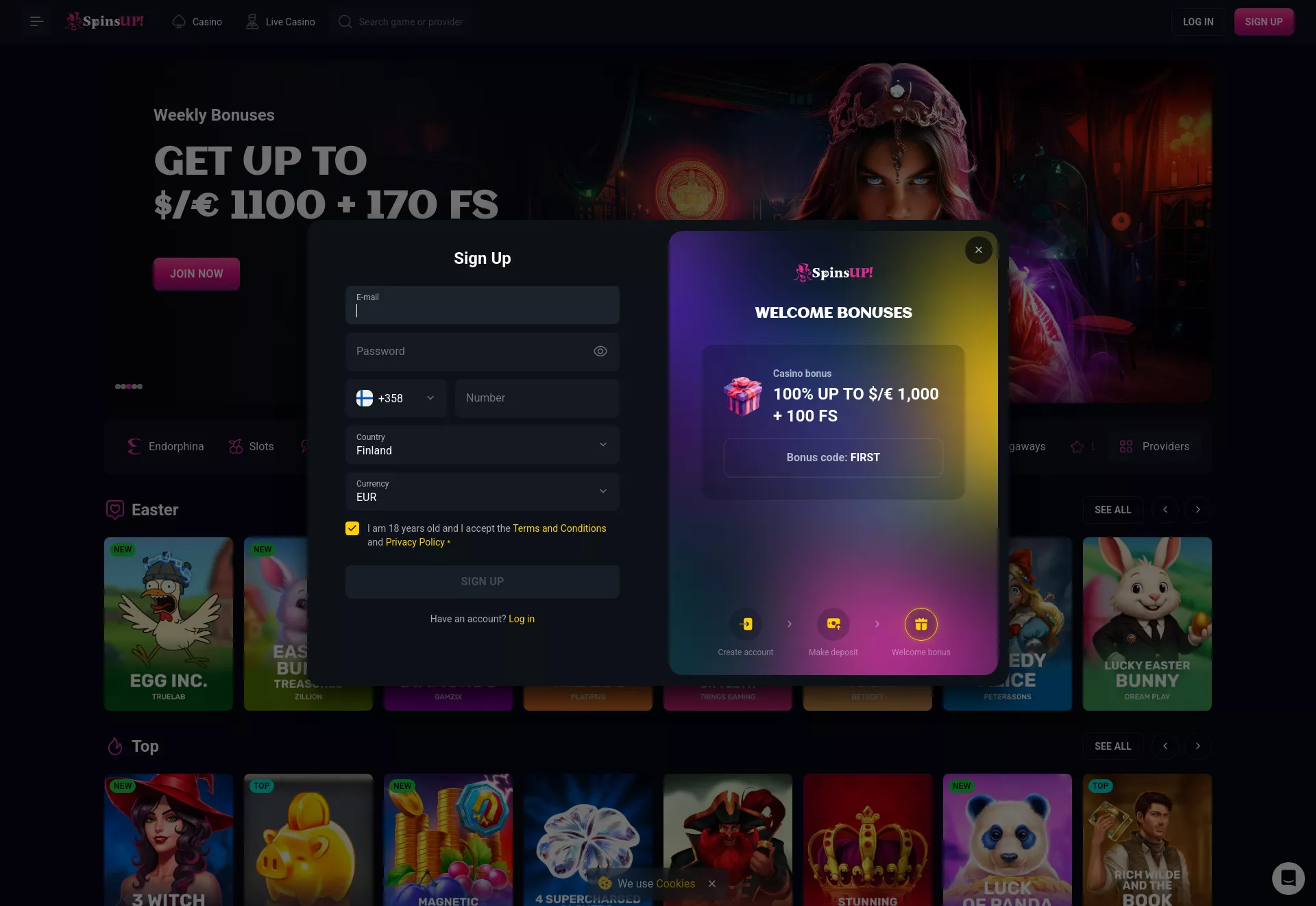 Desktop screen. SpinsUp Up to $5000 + 300 FS