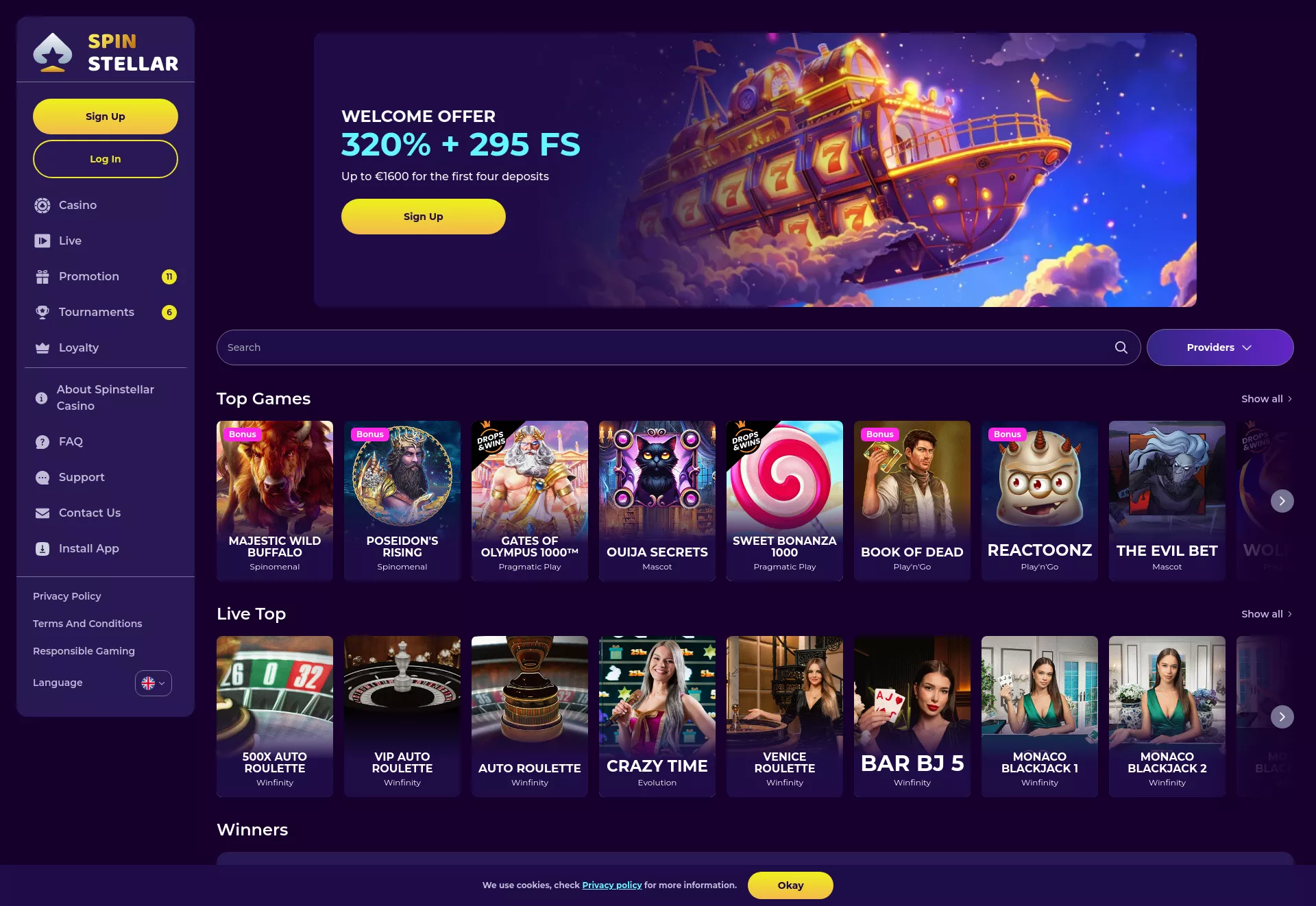 Desktop screen. Spinstellar Casino Up to $1600 + 295 FS