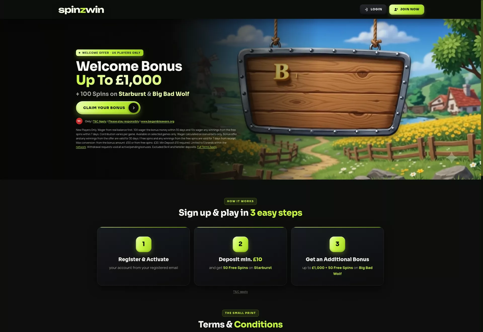 Desktop screen. Spinzwin 100% up to £100 + 20 FS