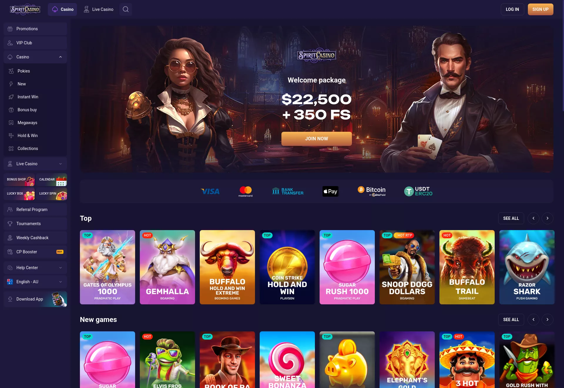 Desktop screen. Spirit Casino Up to $15000 + 350 FS