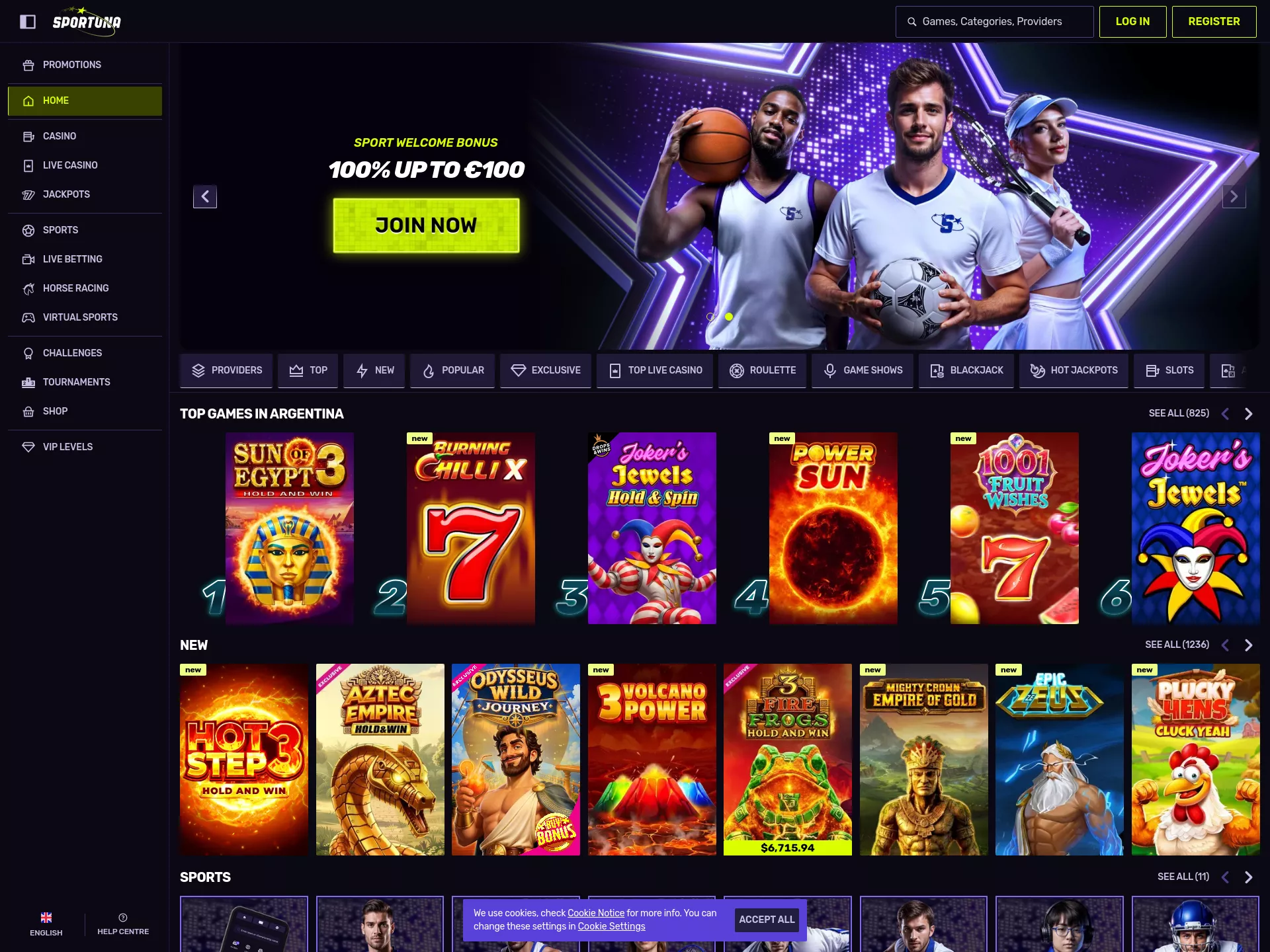 Desktop screen. Sportuna Casino Up to $3000 + 250 FS