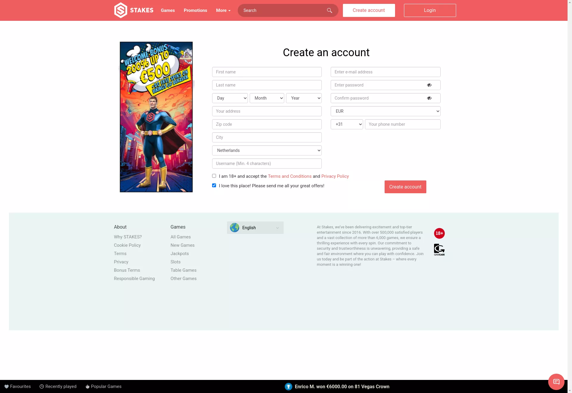 Desktop screen. Stakes Casino 200% up to €500 + 50 FS