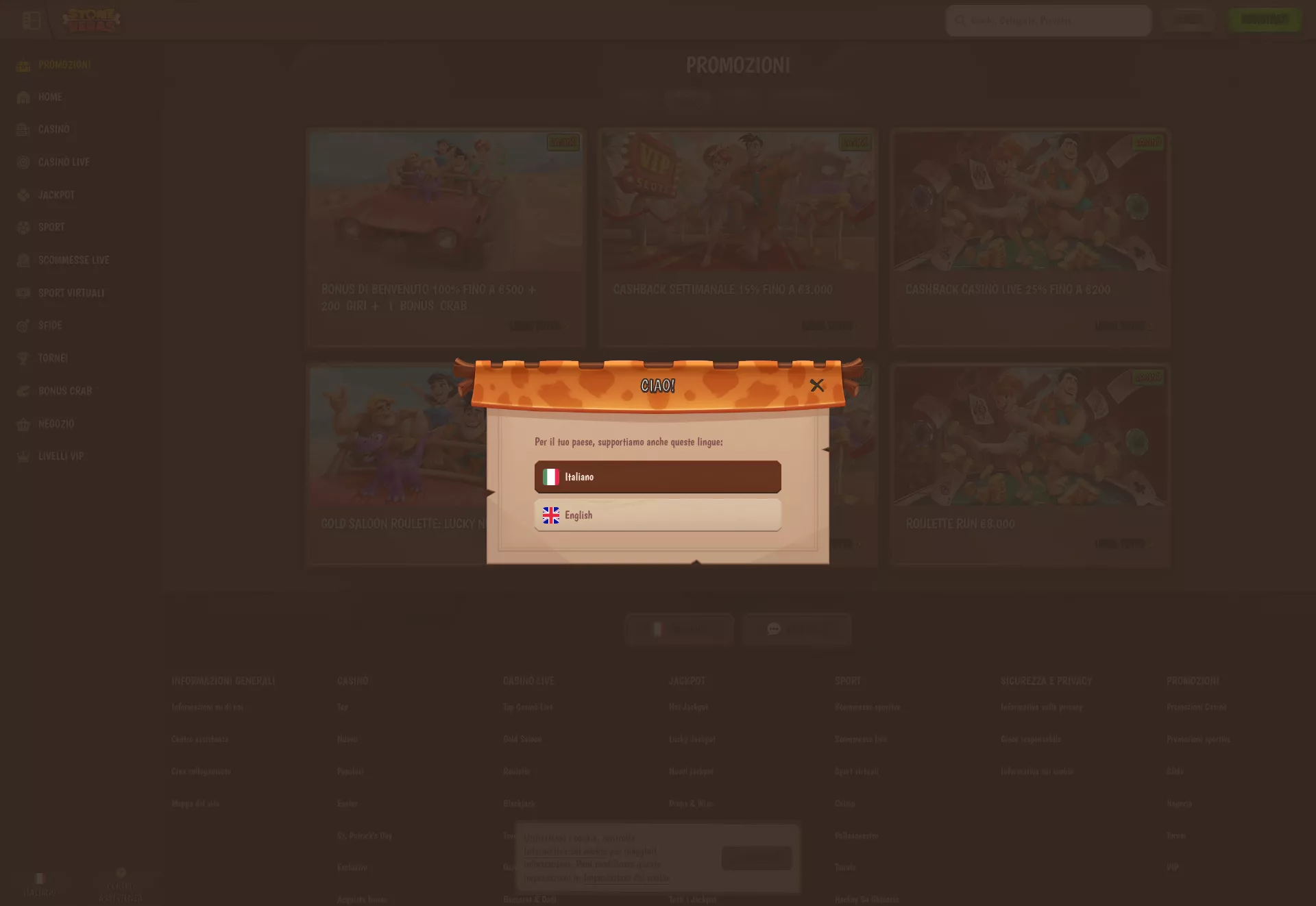 Desktop screen. Stone Vegas 100% fino a €500 + 200 FS + 1 Bonus Crab