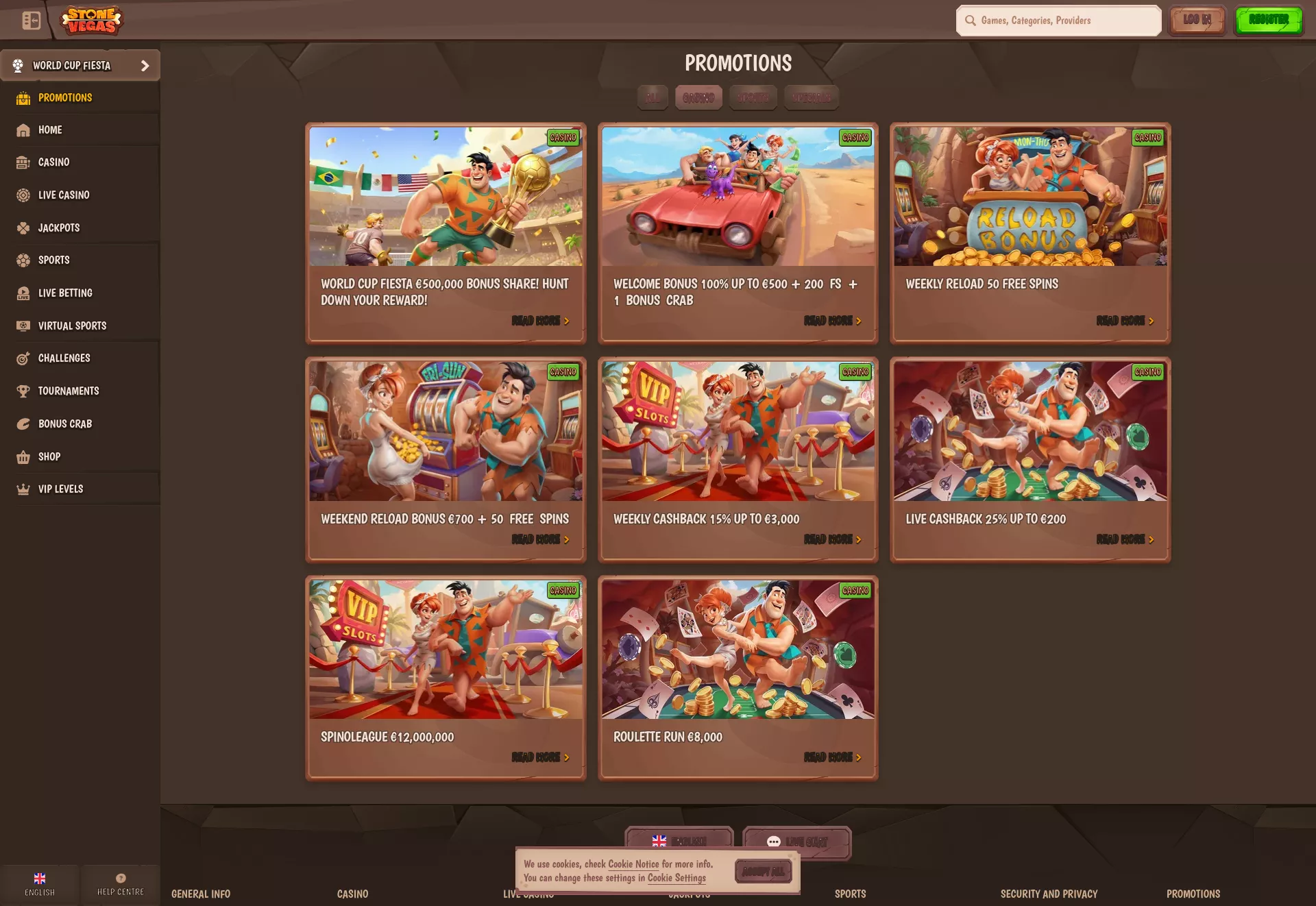 Desktop screen. Stone Vegas 100% up to $500 + 200 FS + 1 Bonus Crab