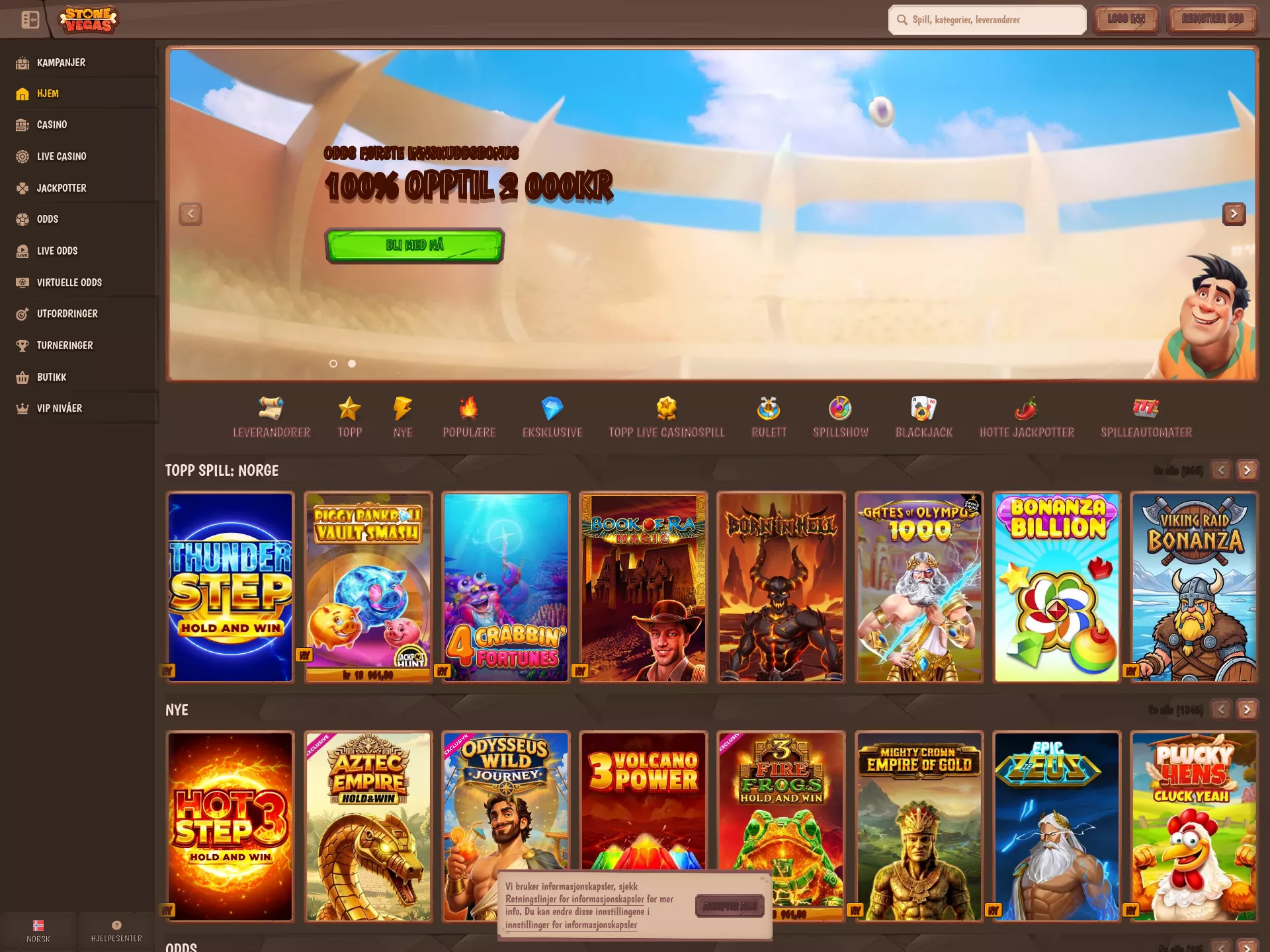 Desktop screen. Stone Vegas 100% up to kr5000 + 200 FS + 1 Bonus Crab