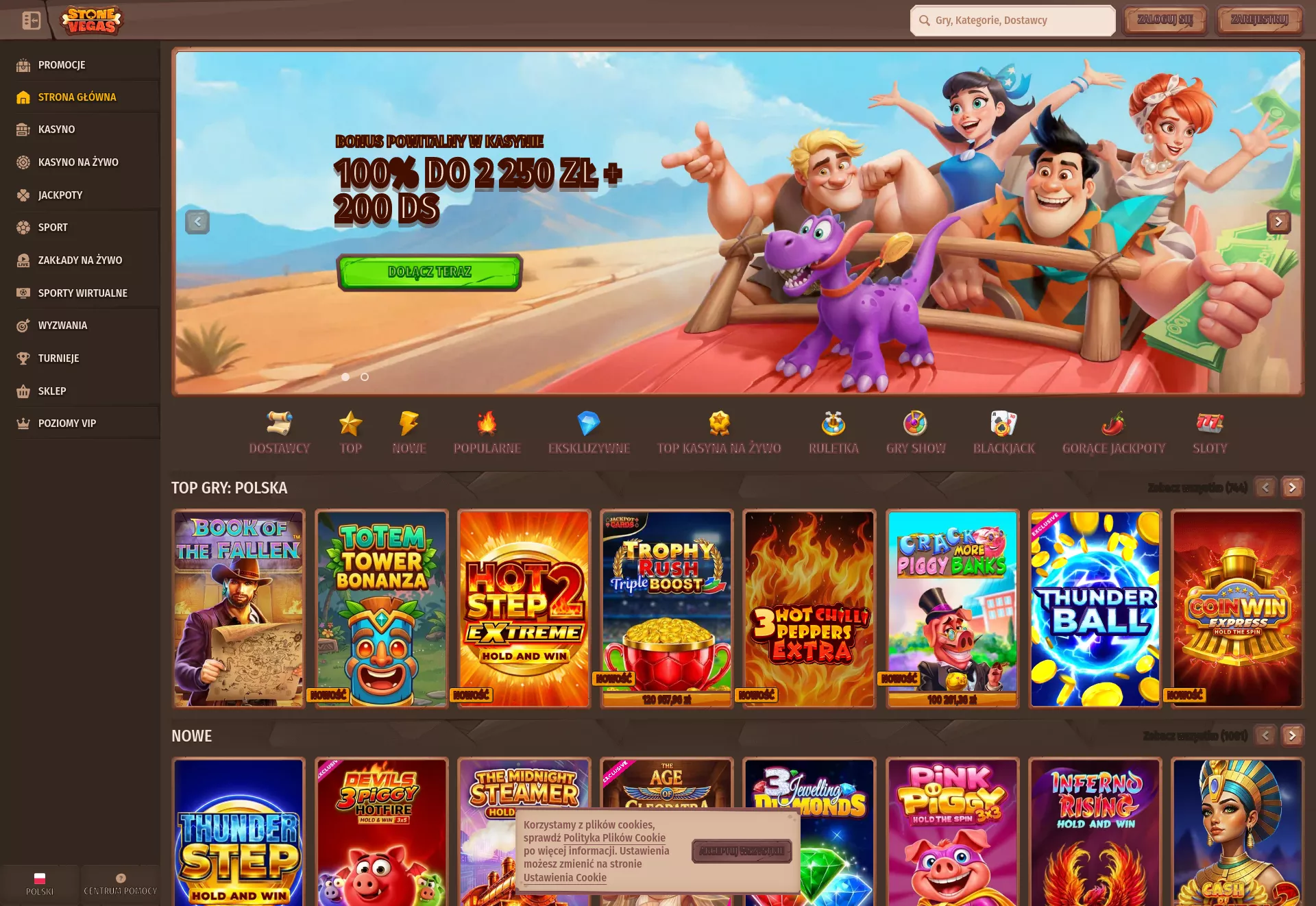 Desktop screen. Stone Vegas 100% up to zł2250 + 200 FS + 1 Bonus Crab