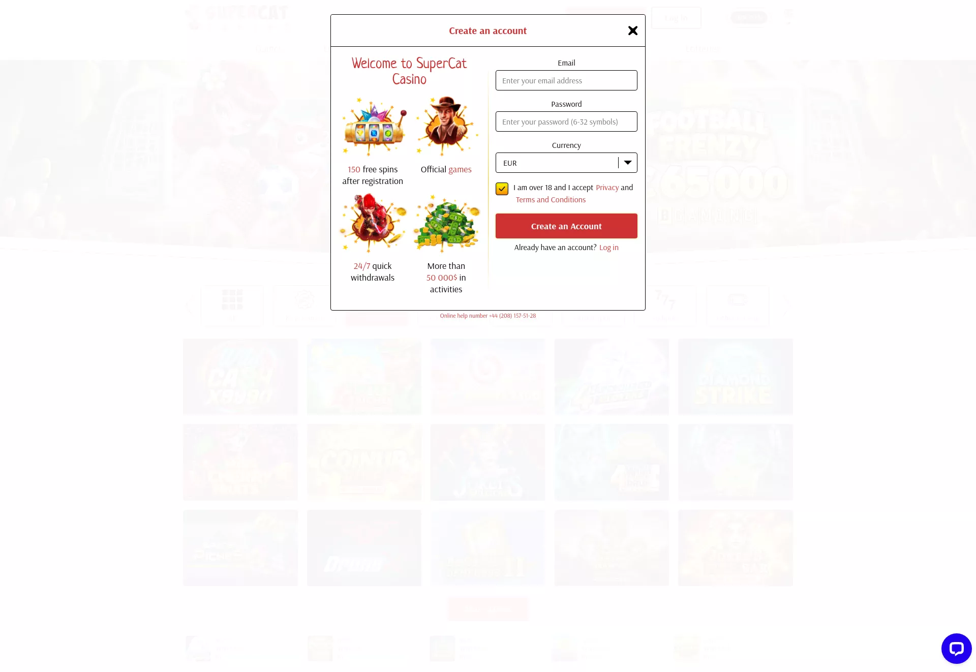 Desktop screen. Super Cat Casino Up to $1000 + 150 FS