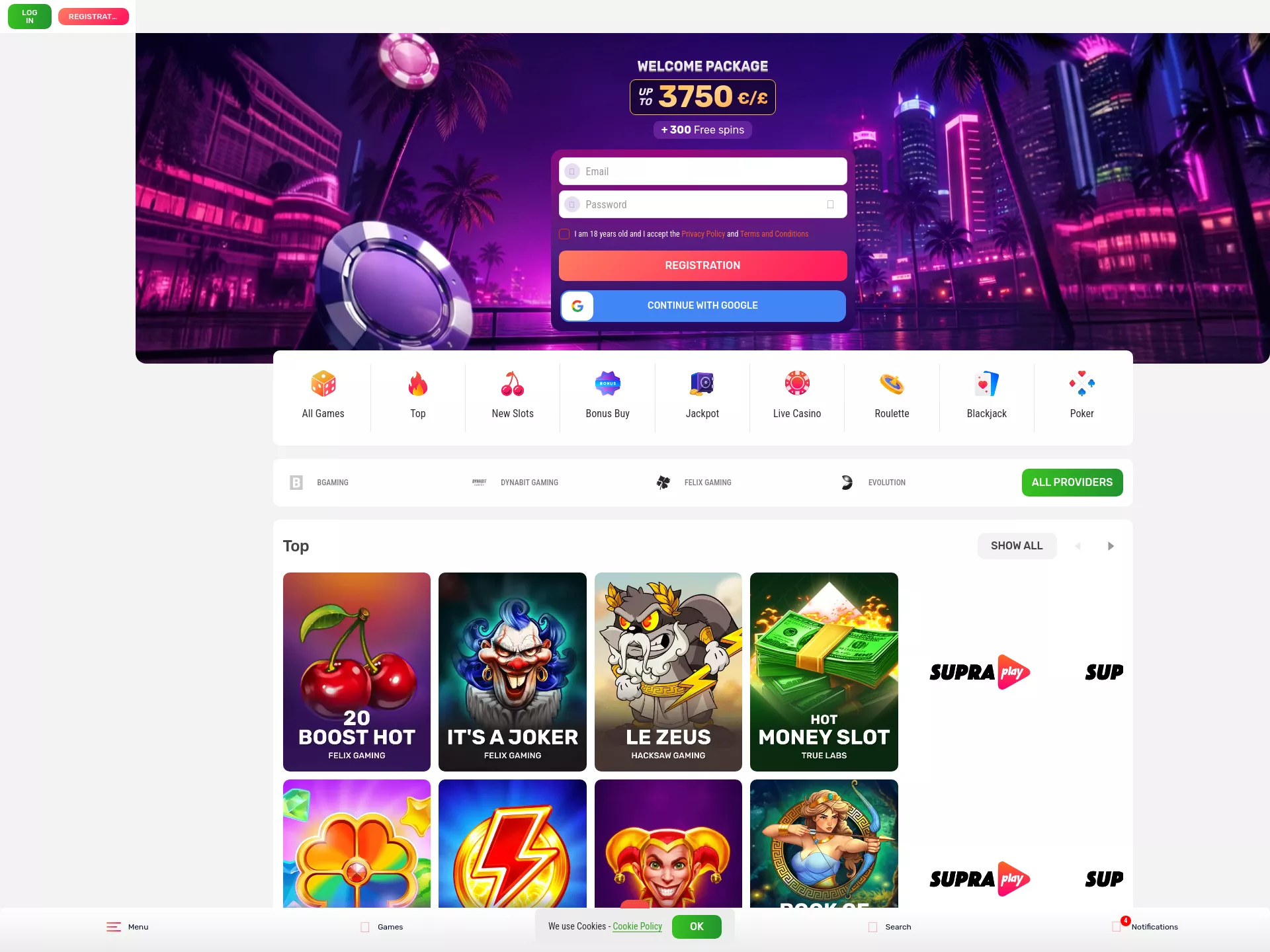 Desktop screen. Supraplay Up to €2000 + 310 FS