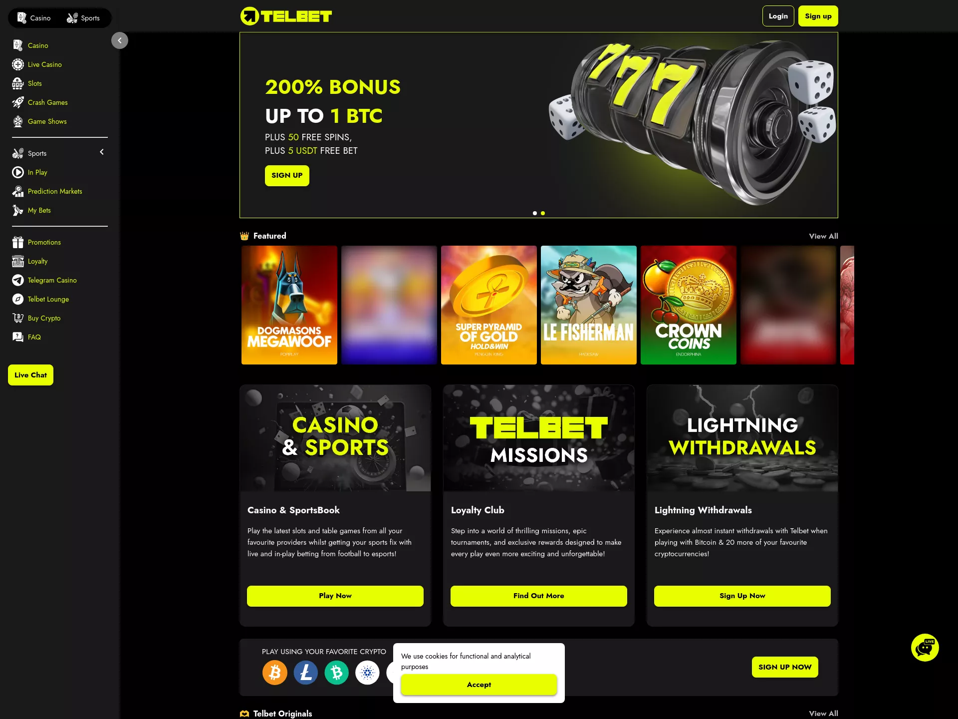 Desktop screen. Telbet 200% up to ₿1 + 50 FS + ₮5 Free Bet