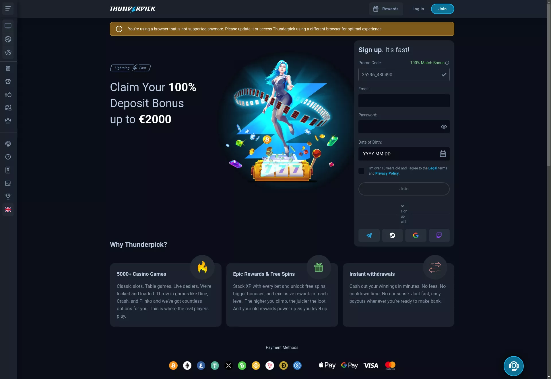 Desktop screen. Thunderpick Casino 100% up to $500