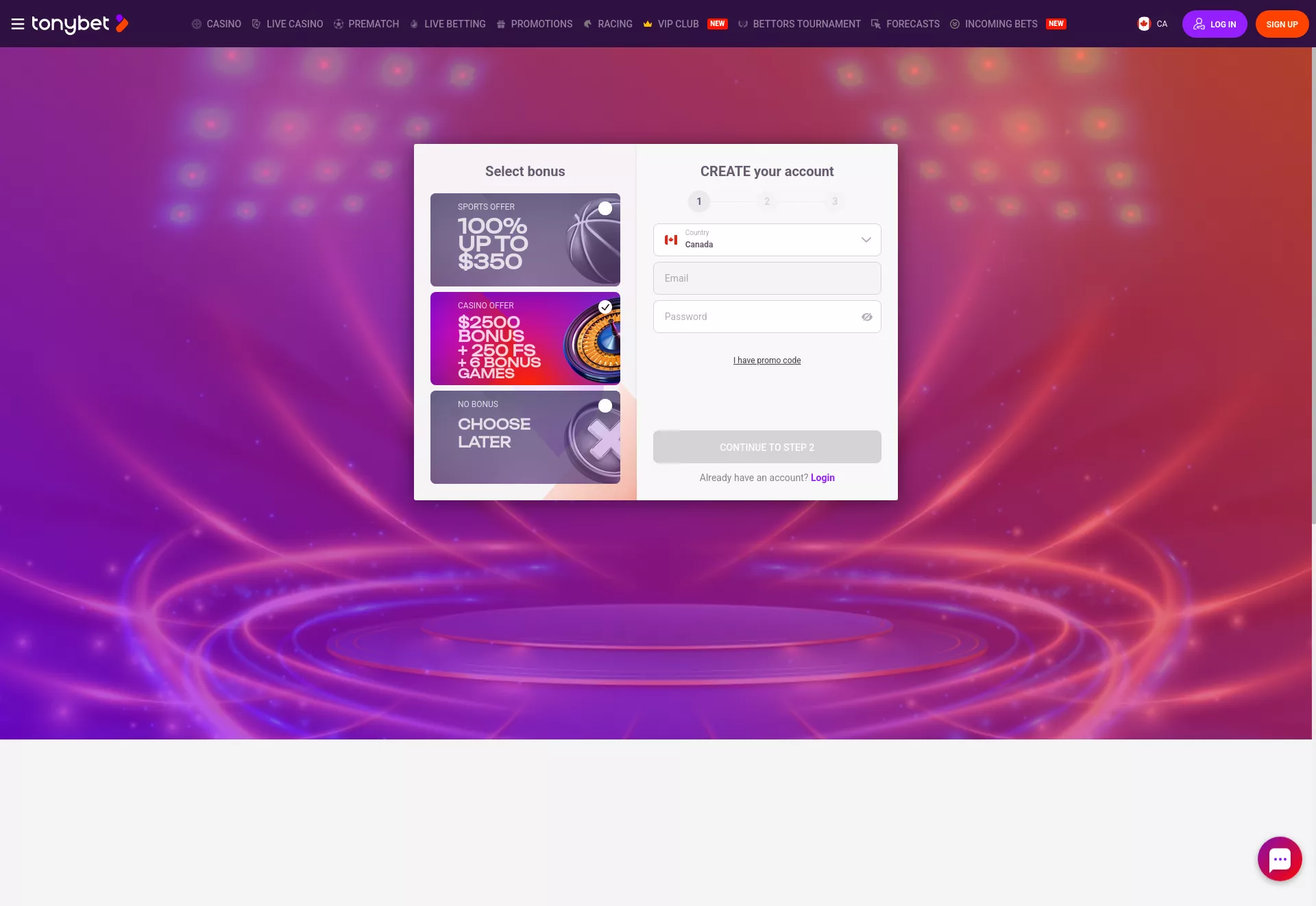 Desktop screen. TonyBet Up to C$2500 + 225 FS