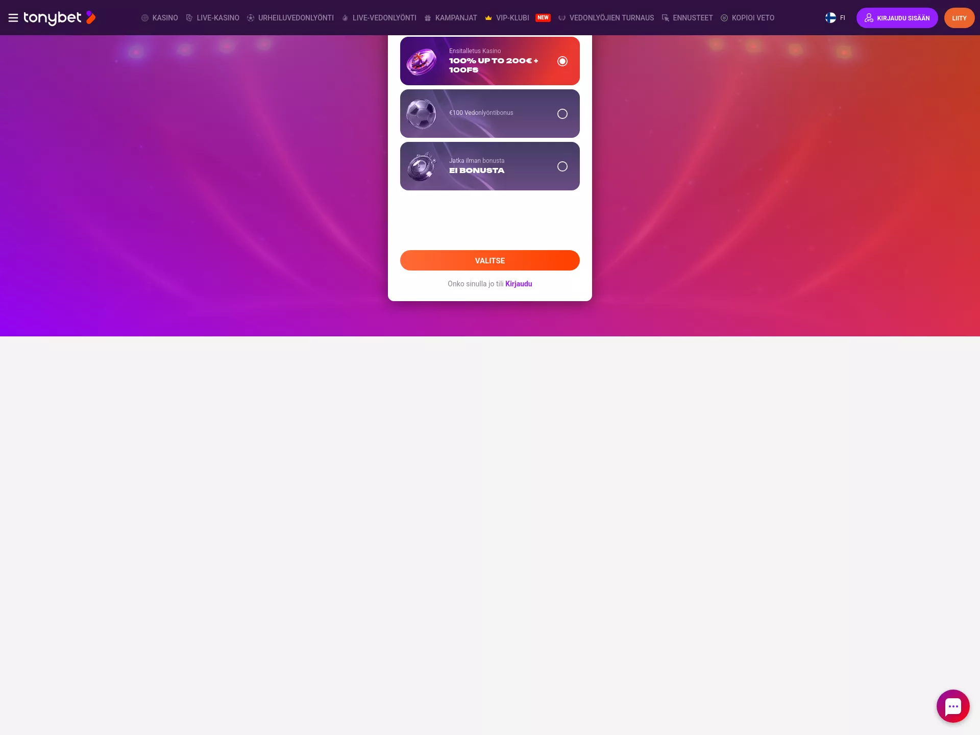 Desktop screen. TonyBet 100% up to €200 + 100 FS