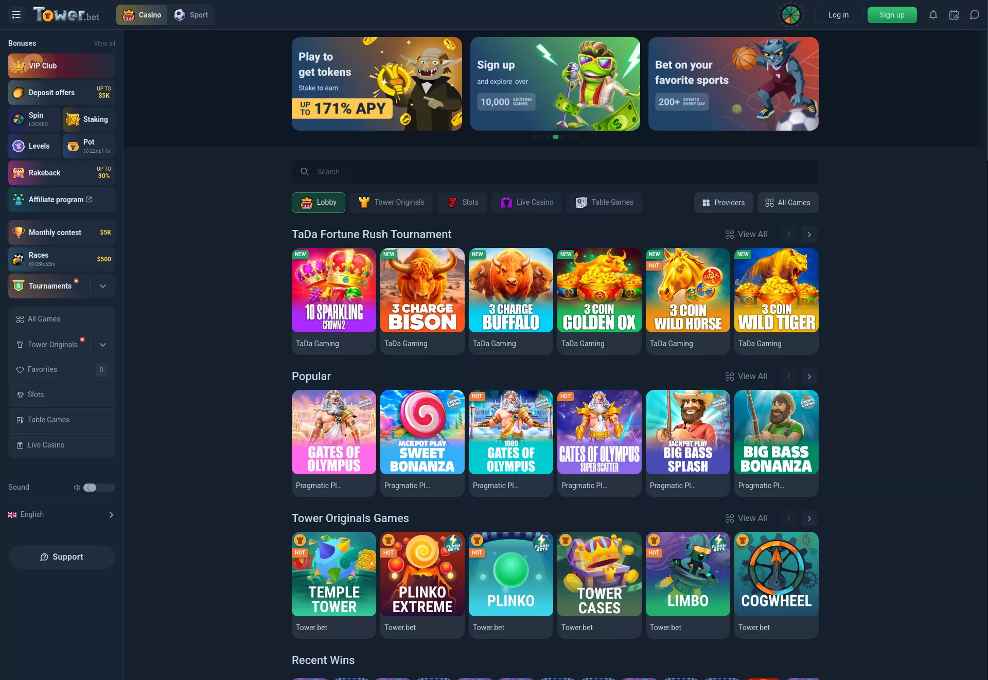 Desktop screen. Towerbet 100% até ₮5000 + 175 FS