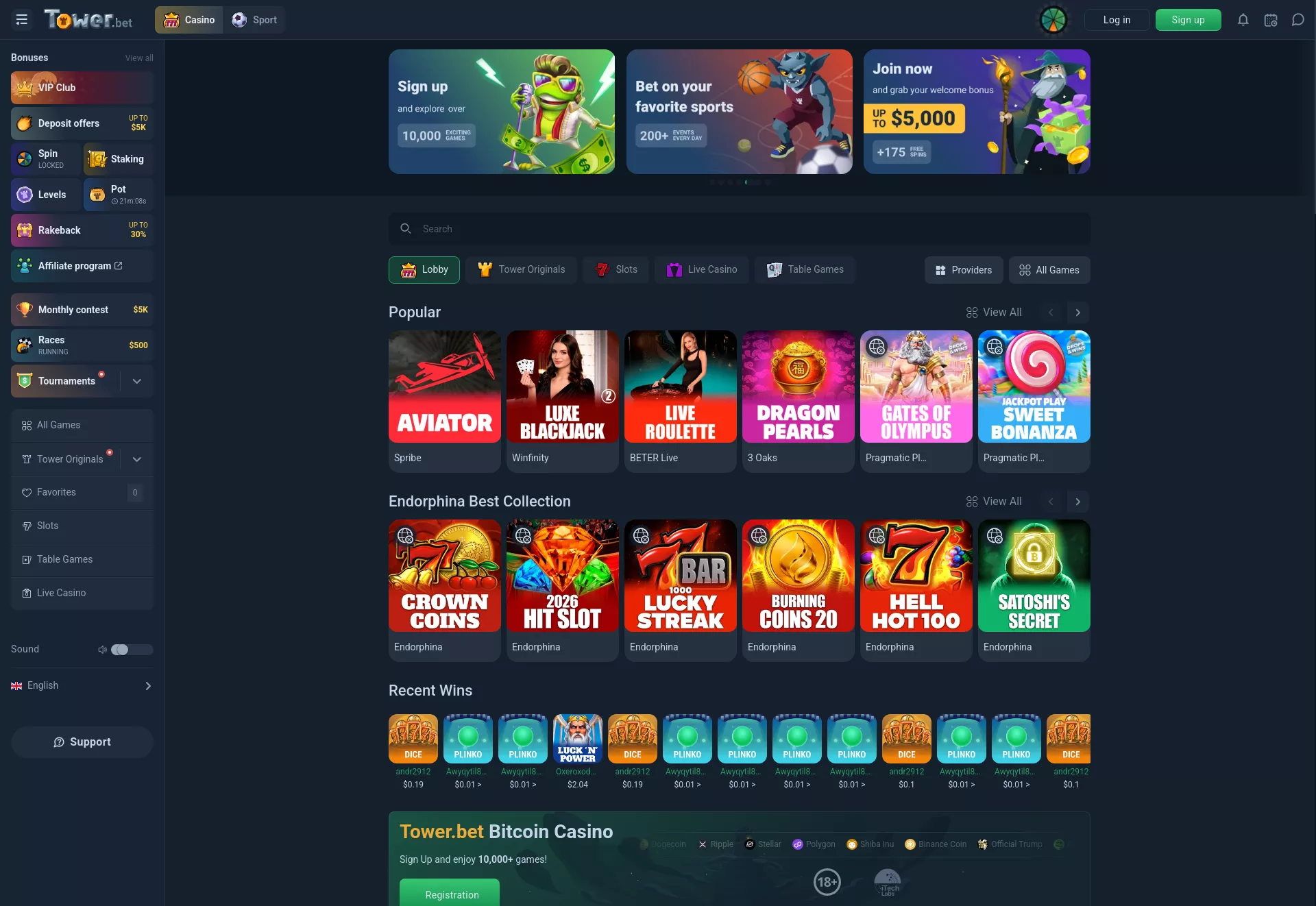 Desktop screen. Towerbet 100% up to ₮5000 + 175 FS