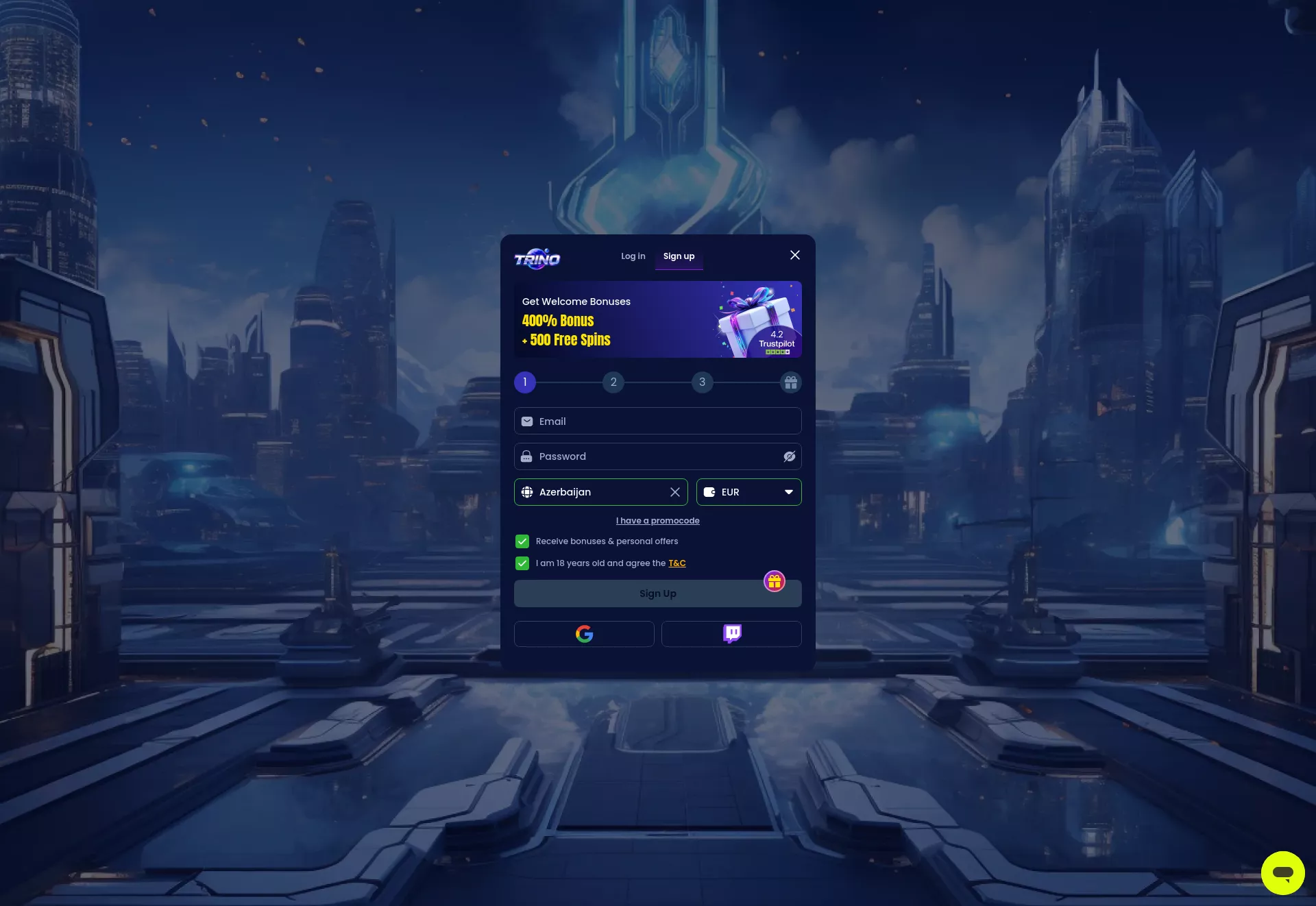 Desktop screen. Trino Casino Up to $5000 + 500 FS