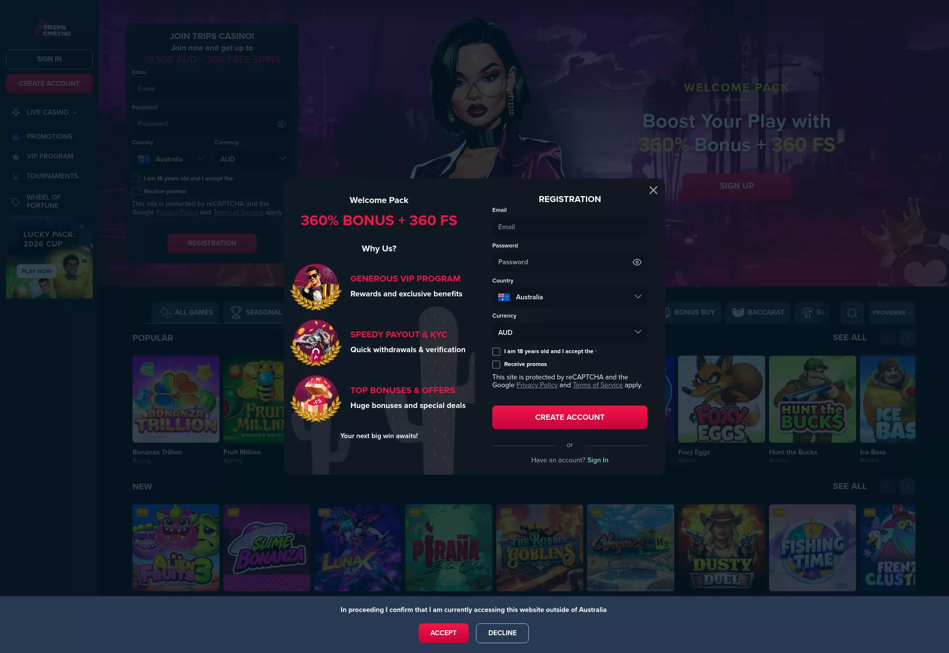 Desktop screen. Trips Casino Up to $13000 + 360 FS