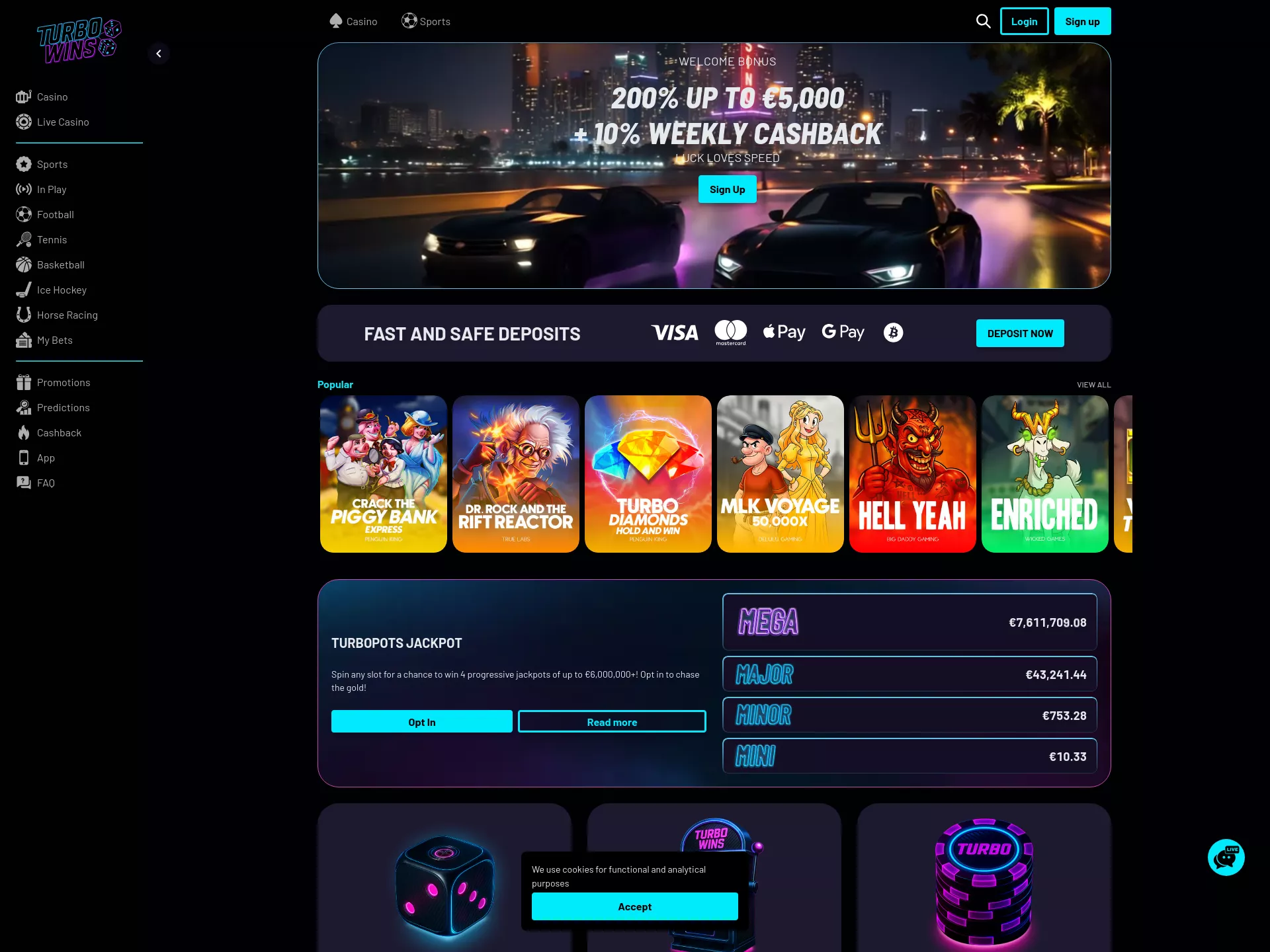 Desktop screen. Turbo Wins 200% up to €5000 + 50 FS