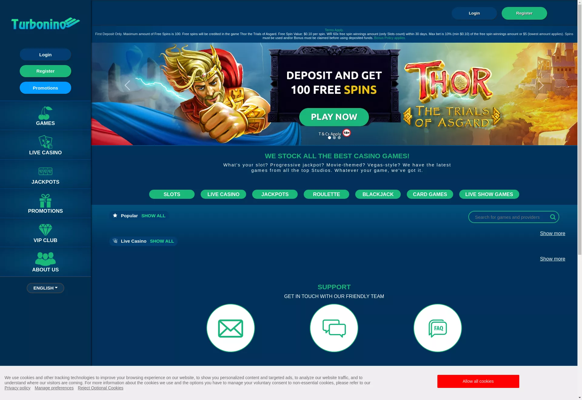 Desktop screen. Turbonino Get 100 Free Spins