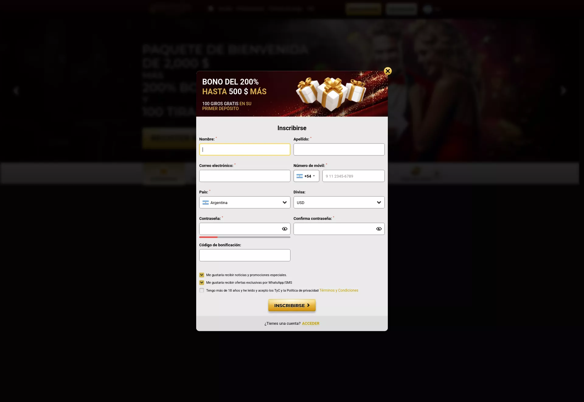 Desktop screen. Unique Casino Up to $2000 + 100 FS