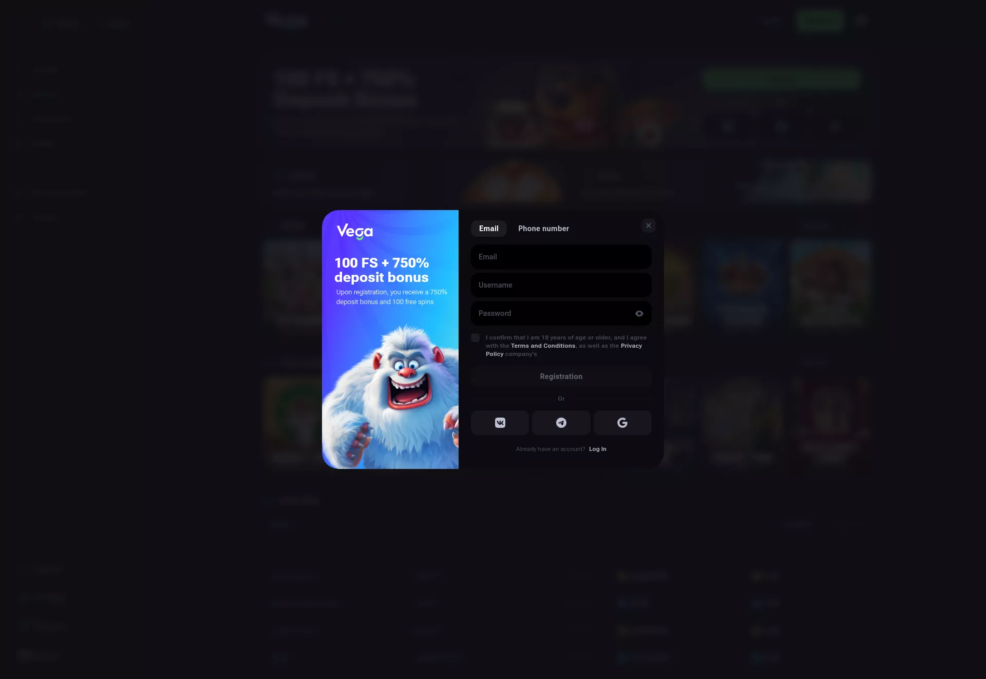 Desktop screen. Vega Bet Up to $5000 + 100 FS