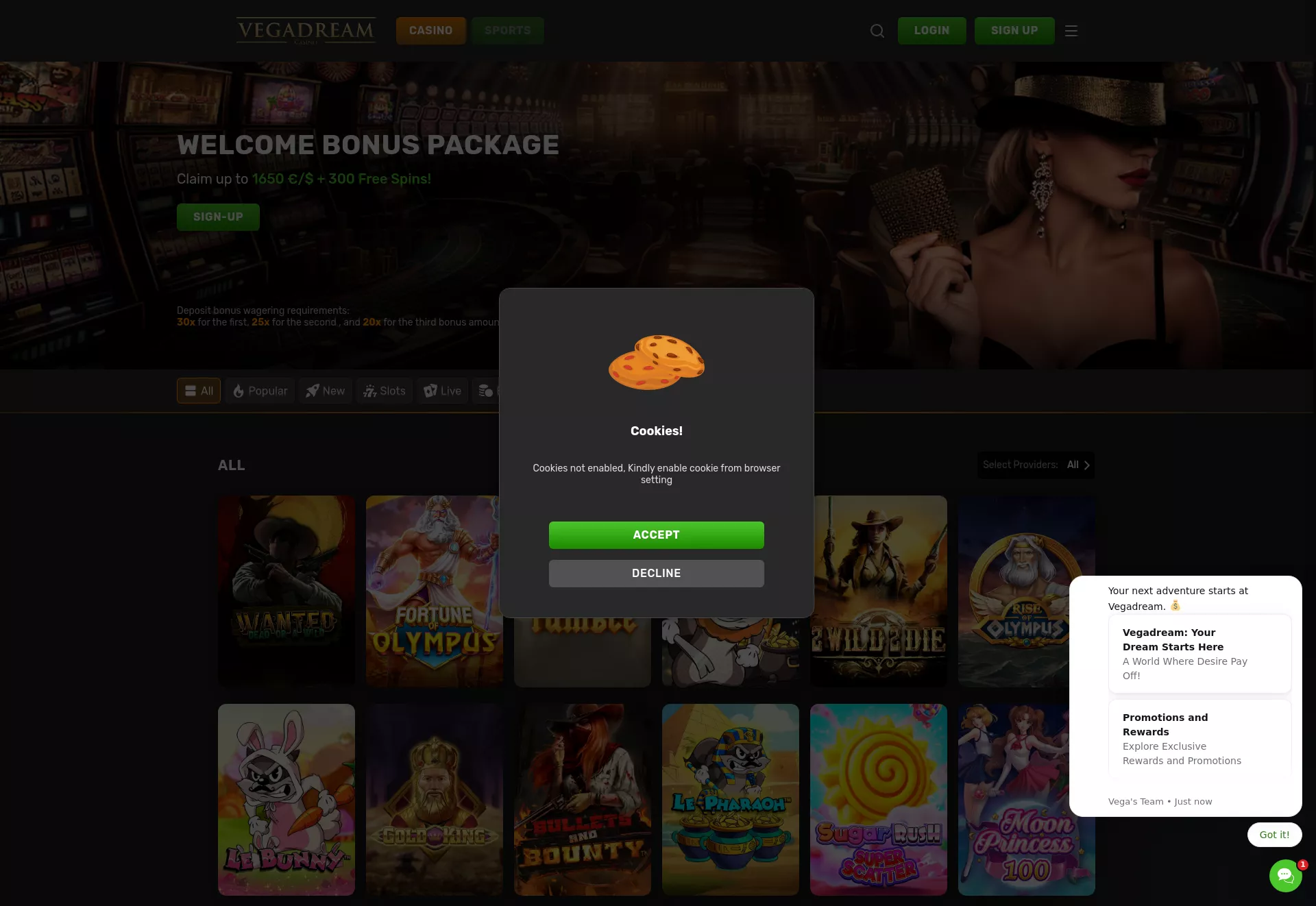 Desktop screen. Vegadream Casino Up to $1650 + 300 FS