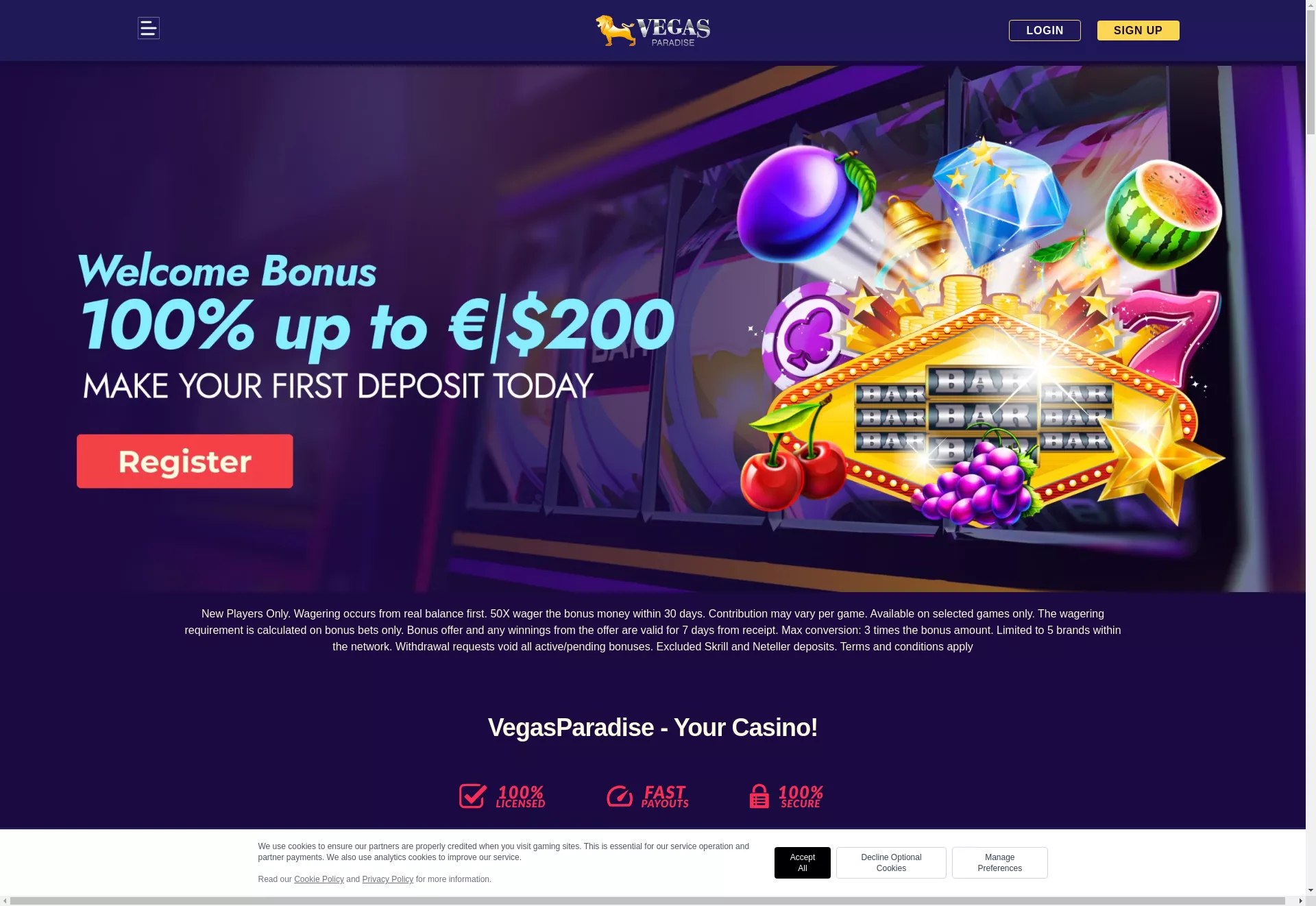 Desktop screen. Vegas Paradise Get 15 Free Spins