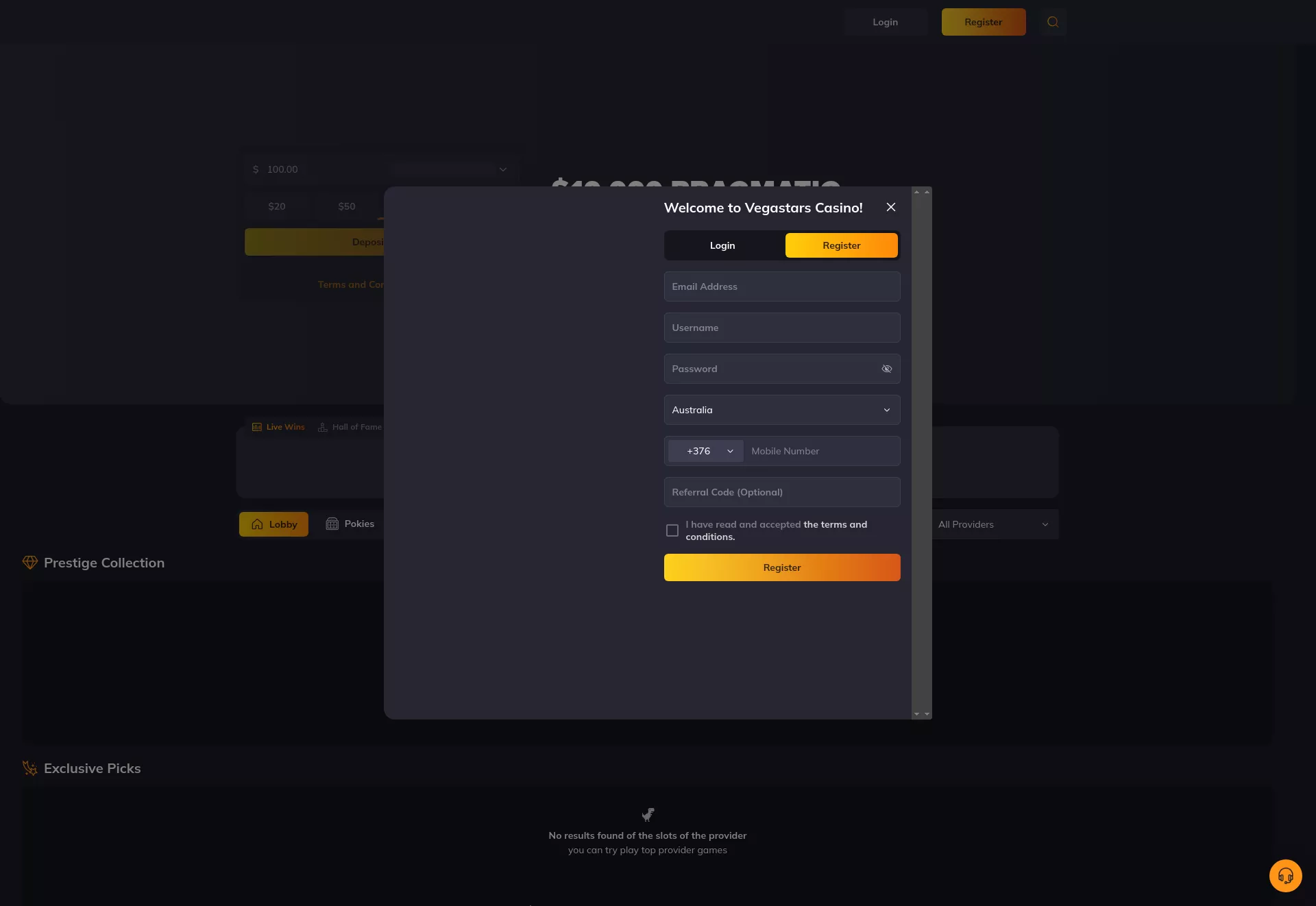 Desktop screen. Vegastars Up to $6000 + 125 FS