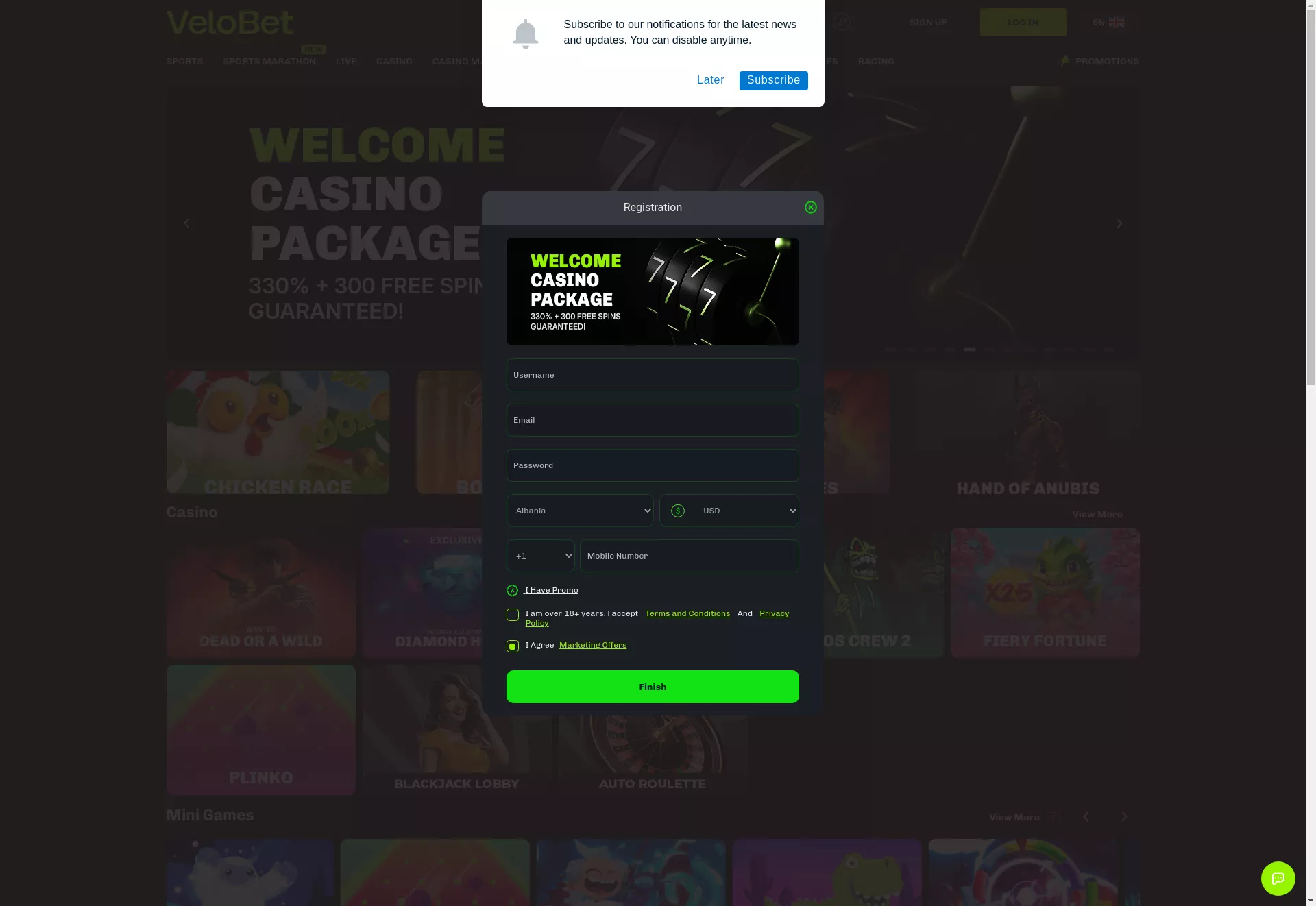 Desktop screen. Velobet Up to $2000 + 70 FS