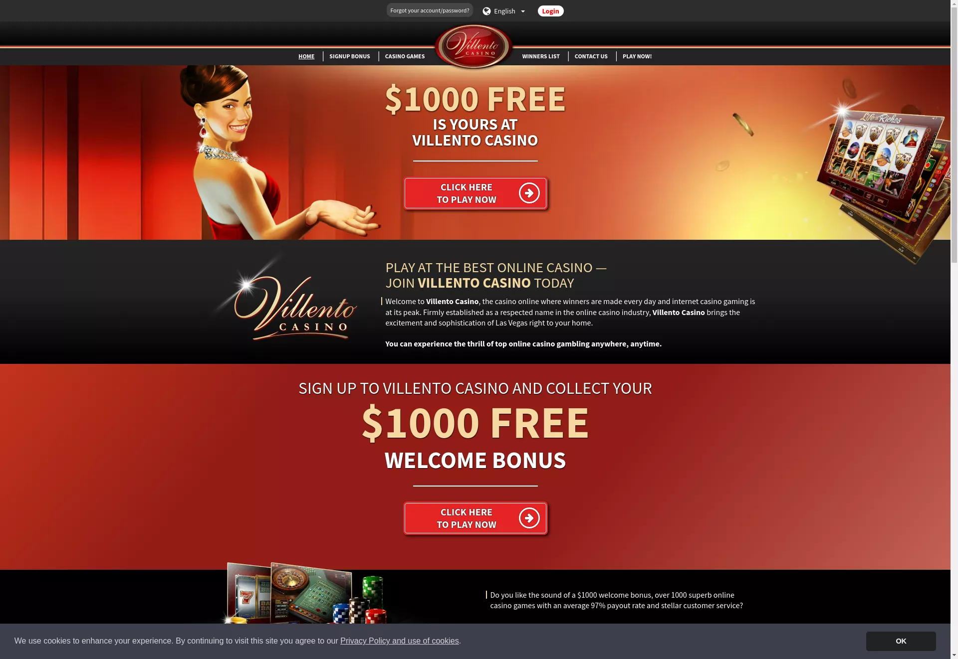 Desktop screen. Villento Casino Up to $1000