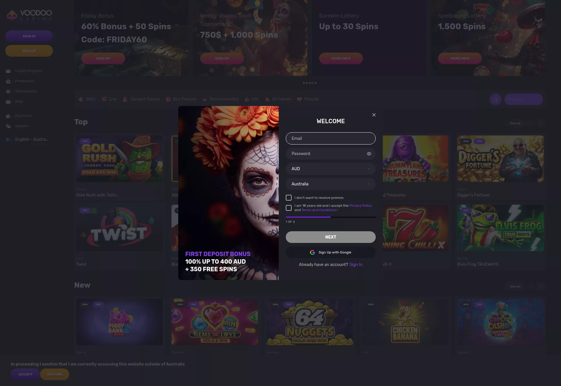 Desktop screen. Voodoo Casino Up to A$1600 + 350 FS