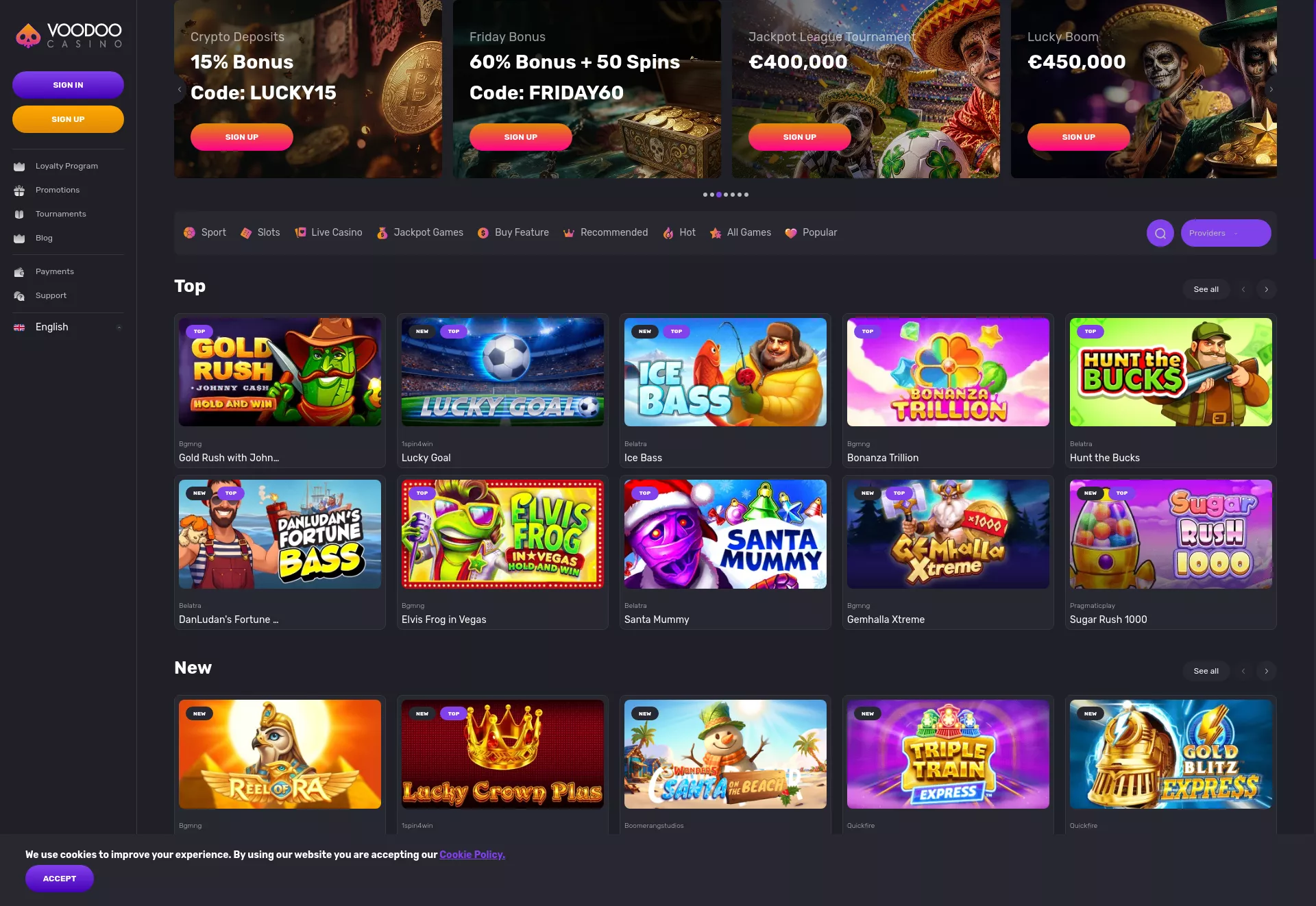 Desktop screen. Voodoo Casino Up to $1000 + 350 FS