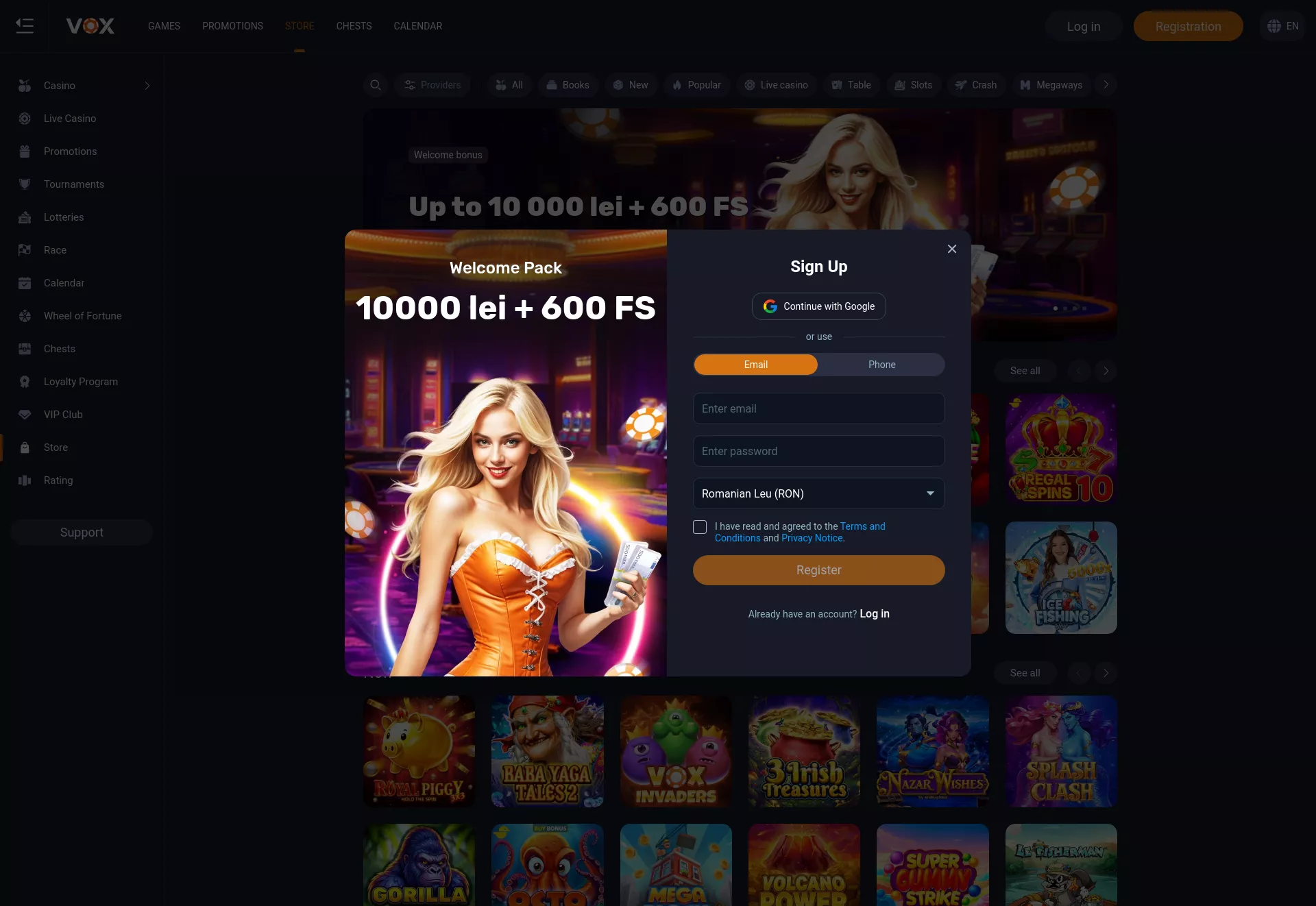 Desktop screen. Vox Up to €3000 + 600 FS