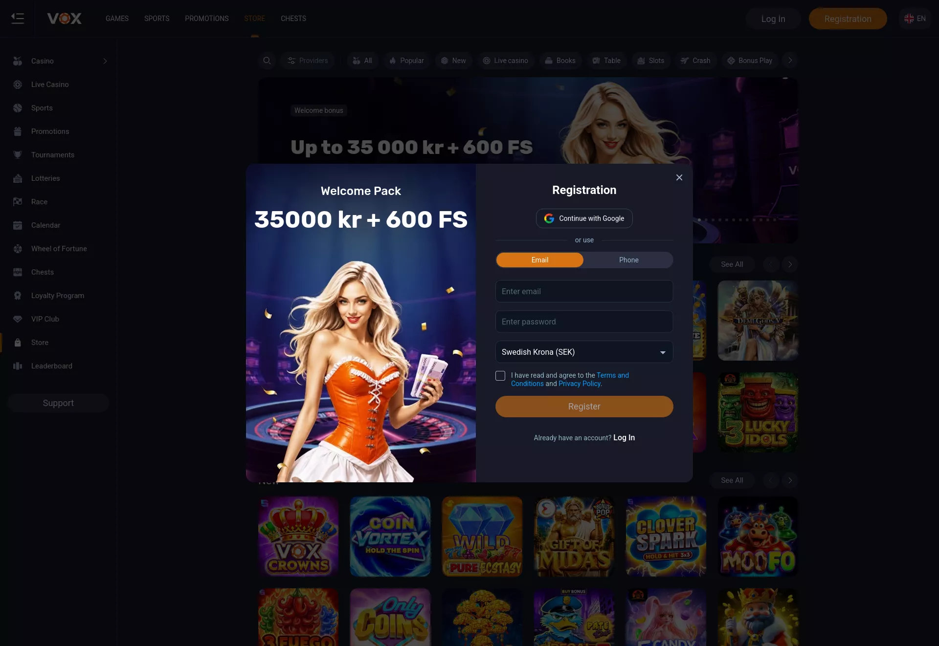 Desktop screen. Vox Up to €3000 + 600 FS