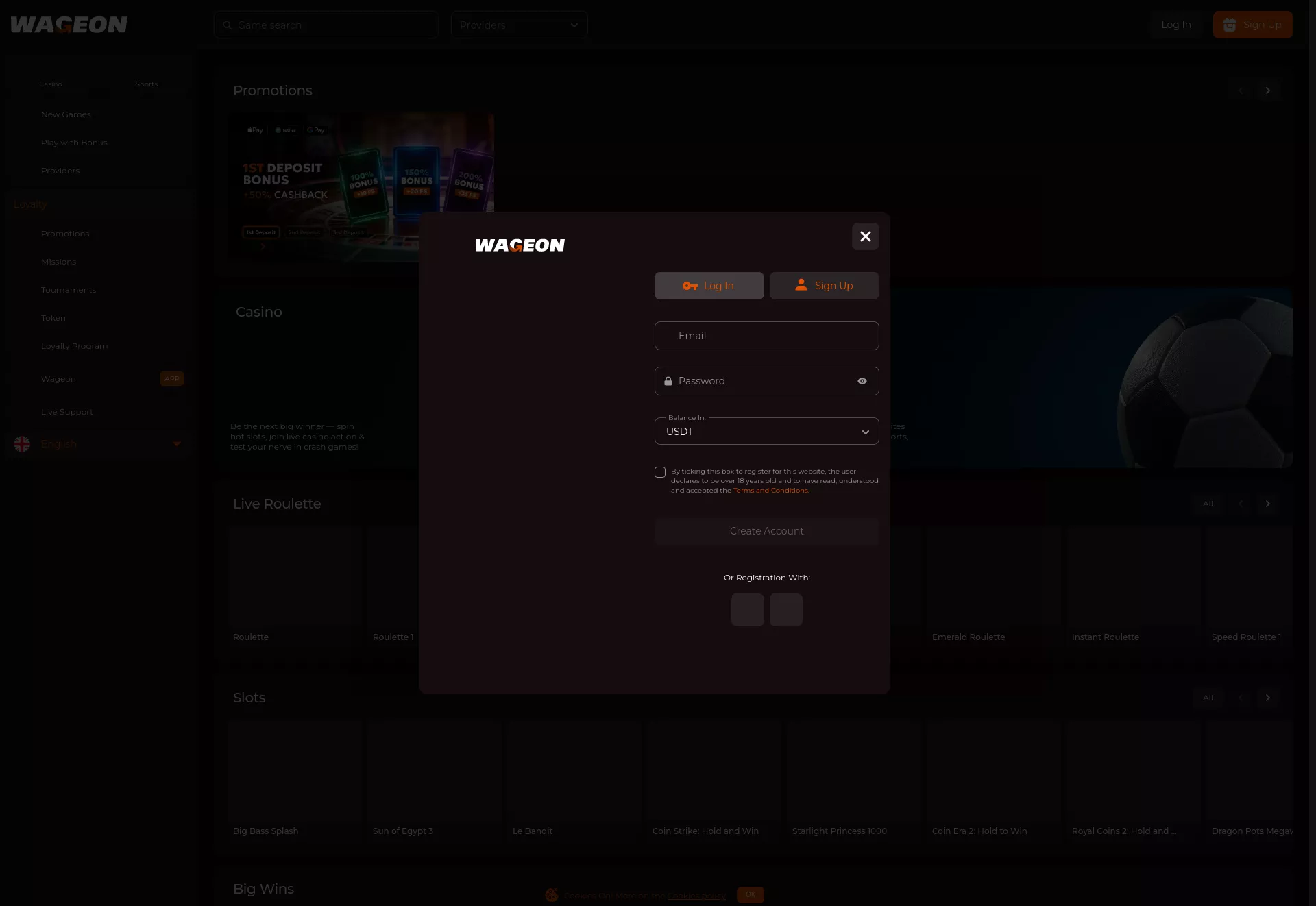 Desktop screen. Wageon Casino 200% up to $1000 + 40 FS