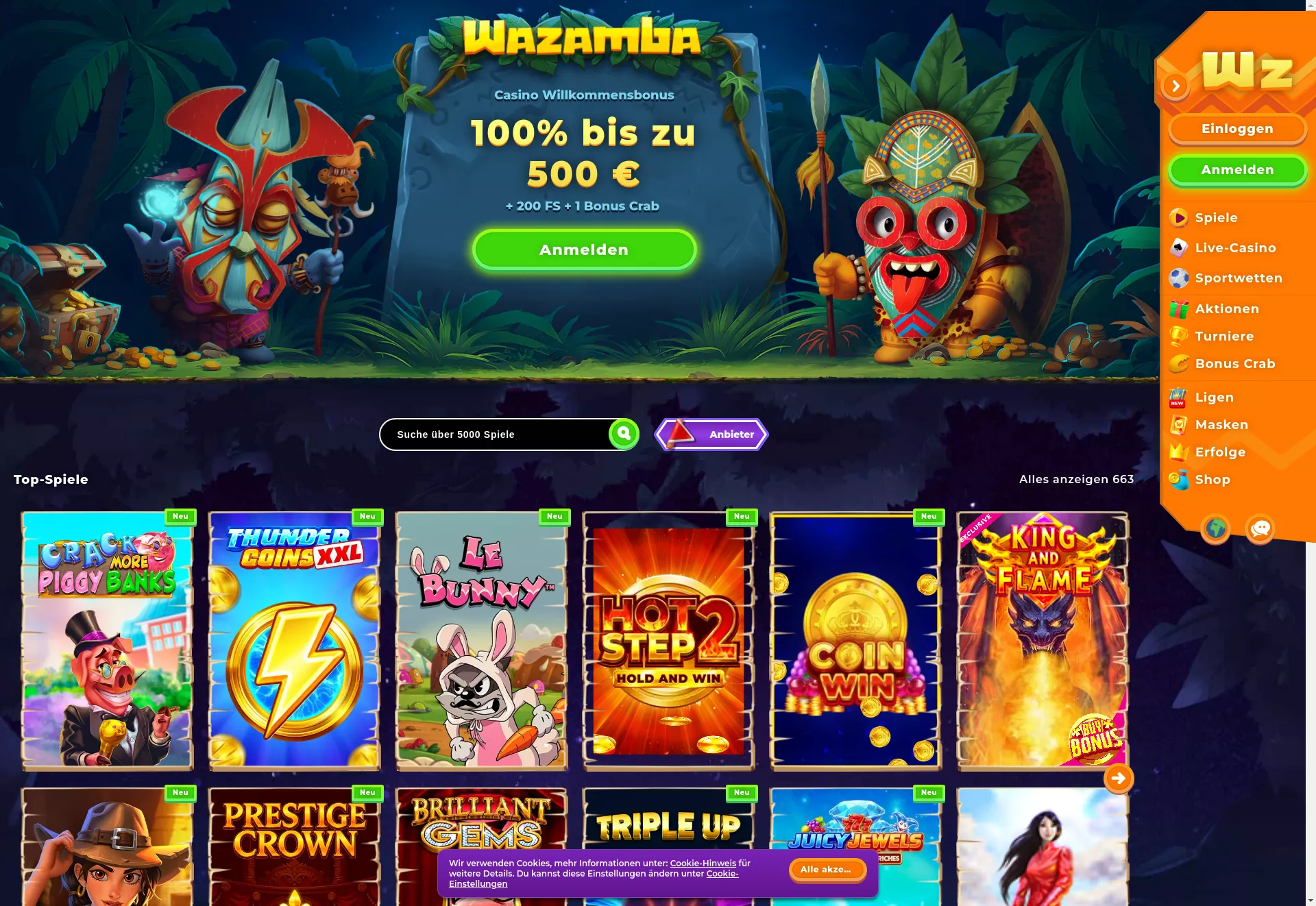 Desktop screen. Wazamba Bis zu 100 mBTC + 100 FS