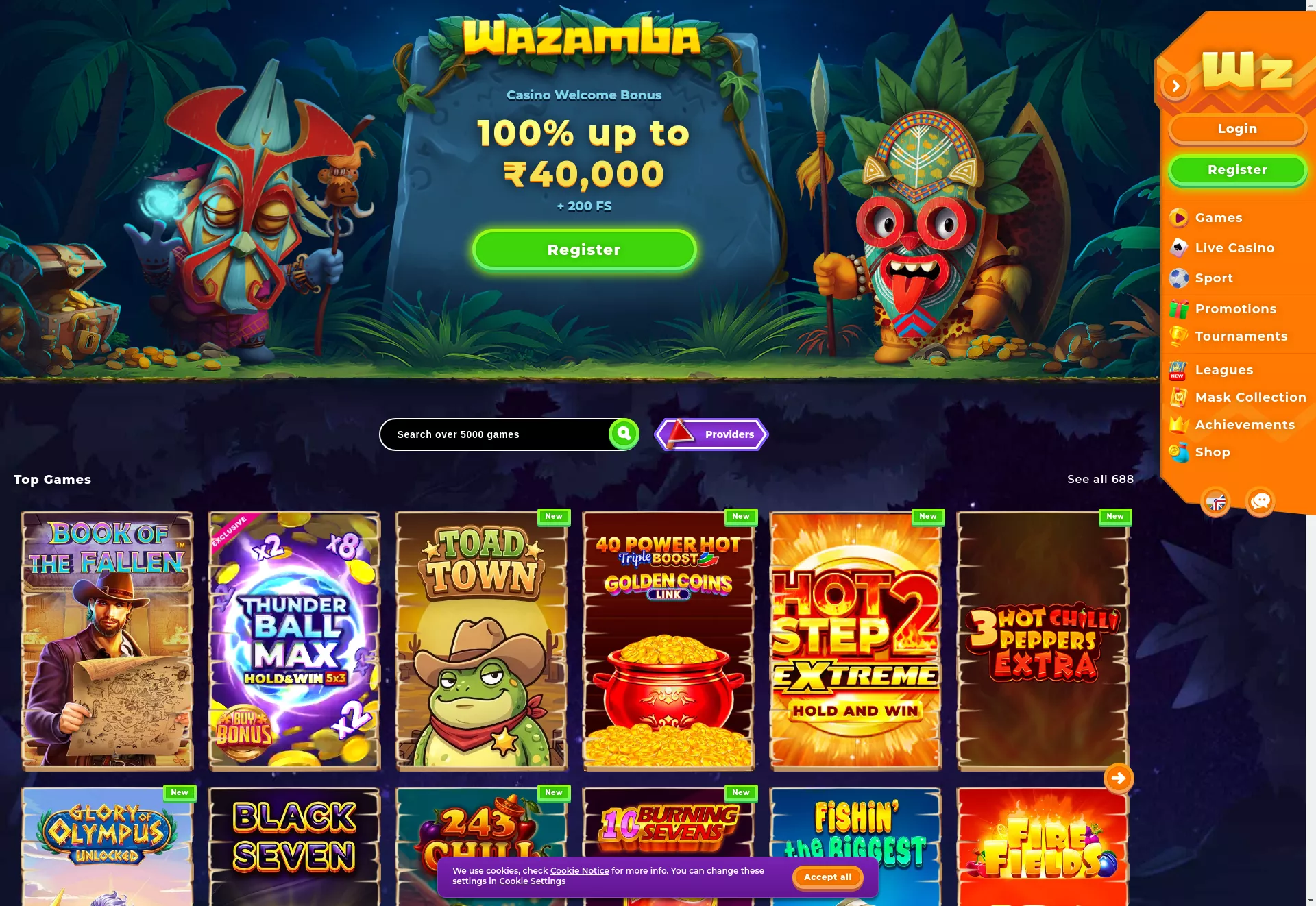 Desktop screen. Wazamba 100% up to ₹40000 + 200 FS