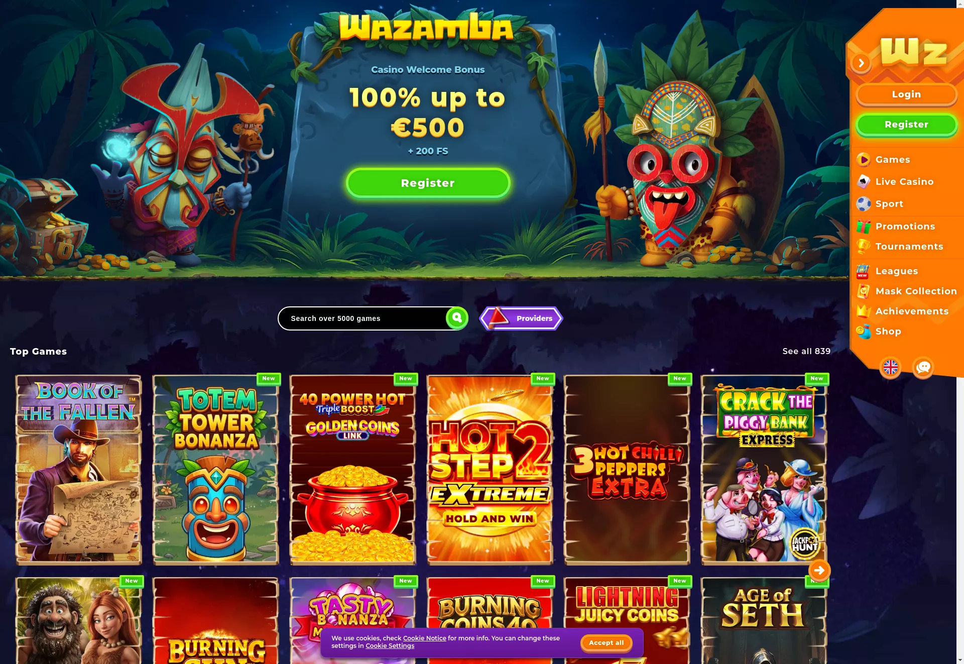 Desktop screen. Wazamba 100% up to ₱‎28000 + 200 FS + 1 Bonus Crab