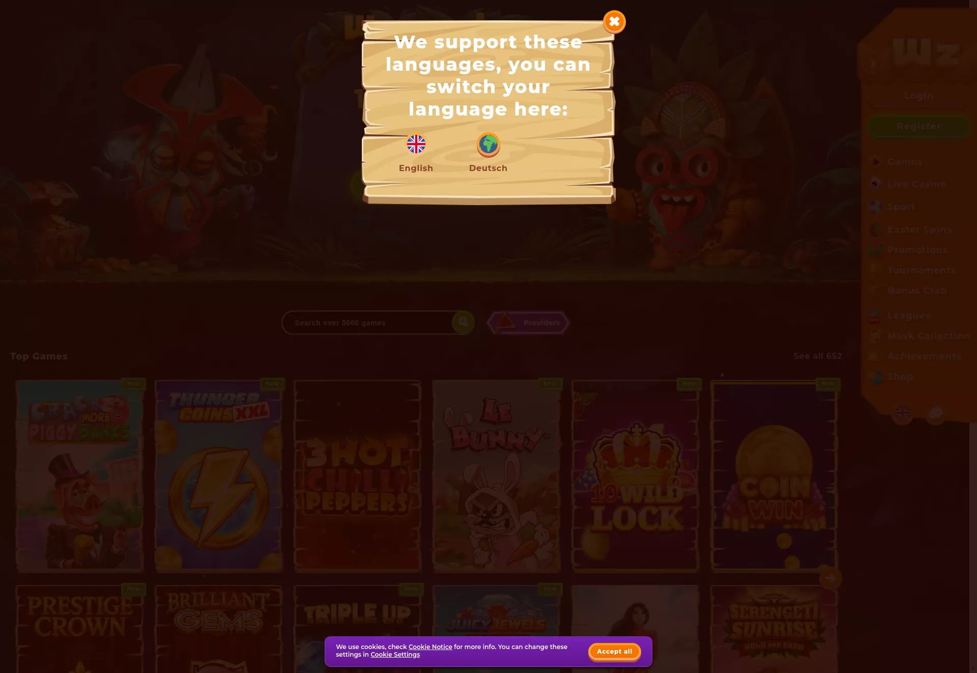 Desktop screen. Wazamba 100% up to $500 + 200 FS + 1 Bonus Crab